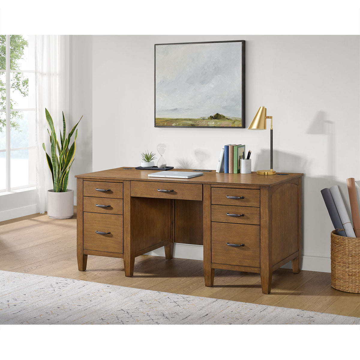 Portico Double Pedestal Desk With Power / USB in Brown Oak by Elements International, view 4
