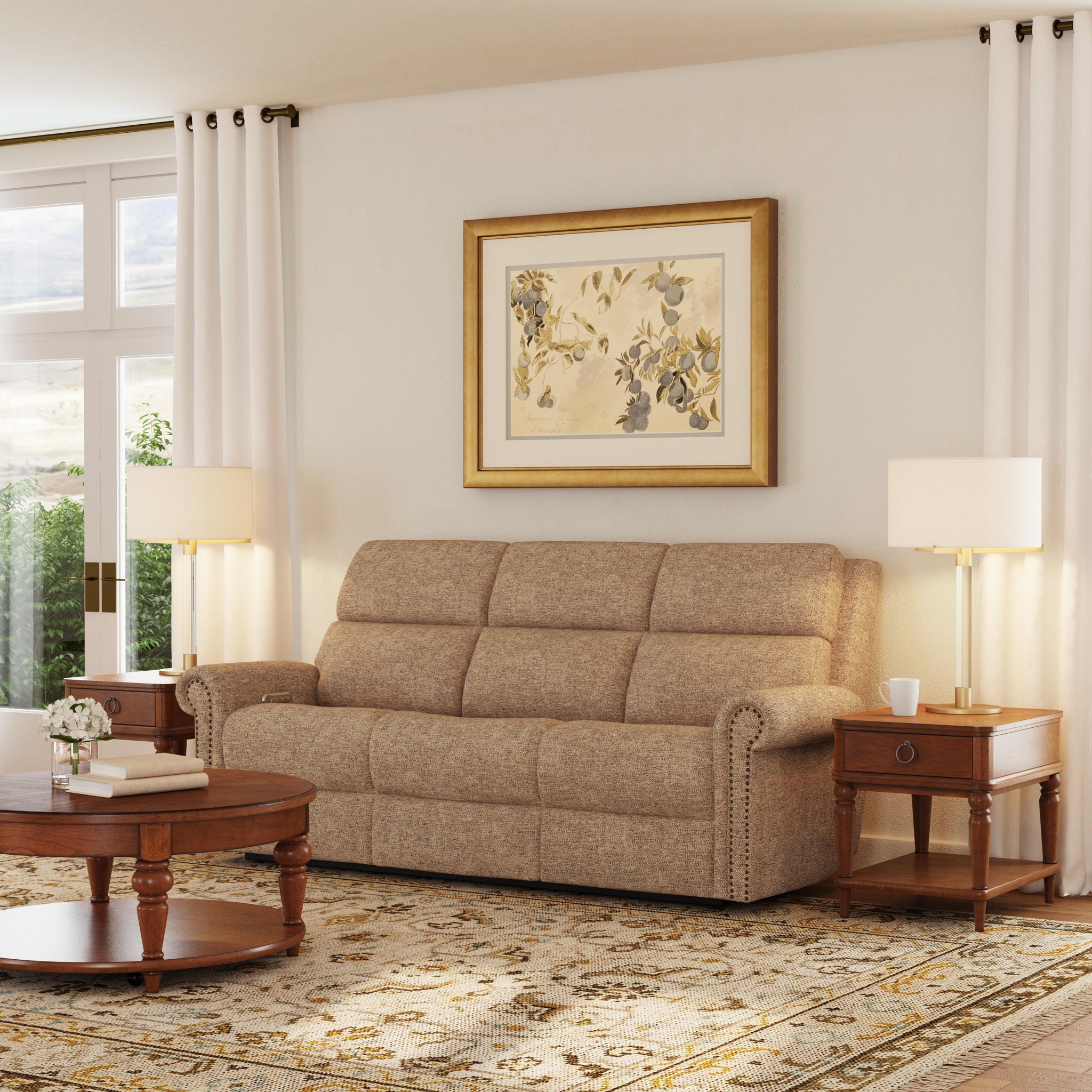 Bernard - Power Reclining Sofa With Console, Power Headrests & Lumbar, Nailhead Trim