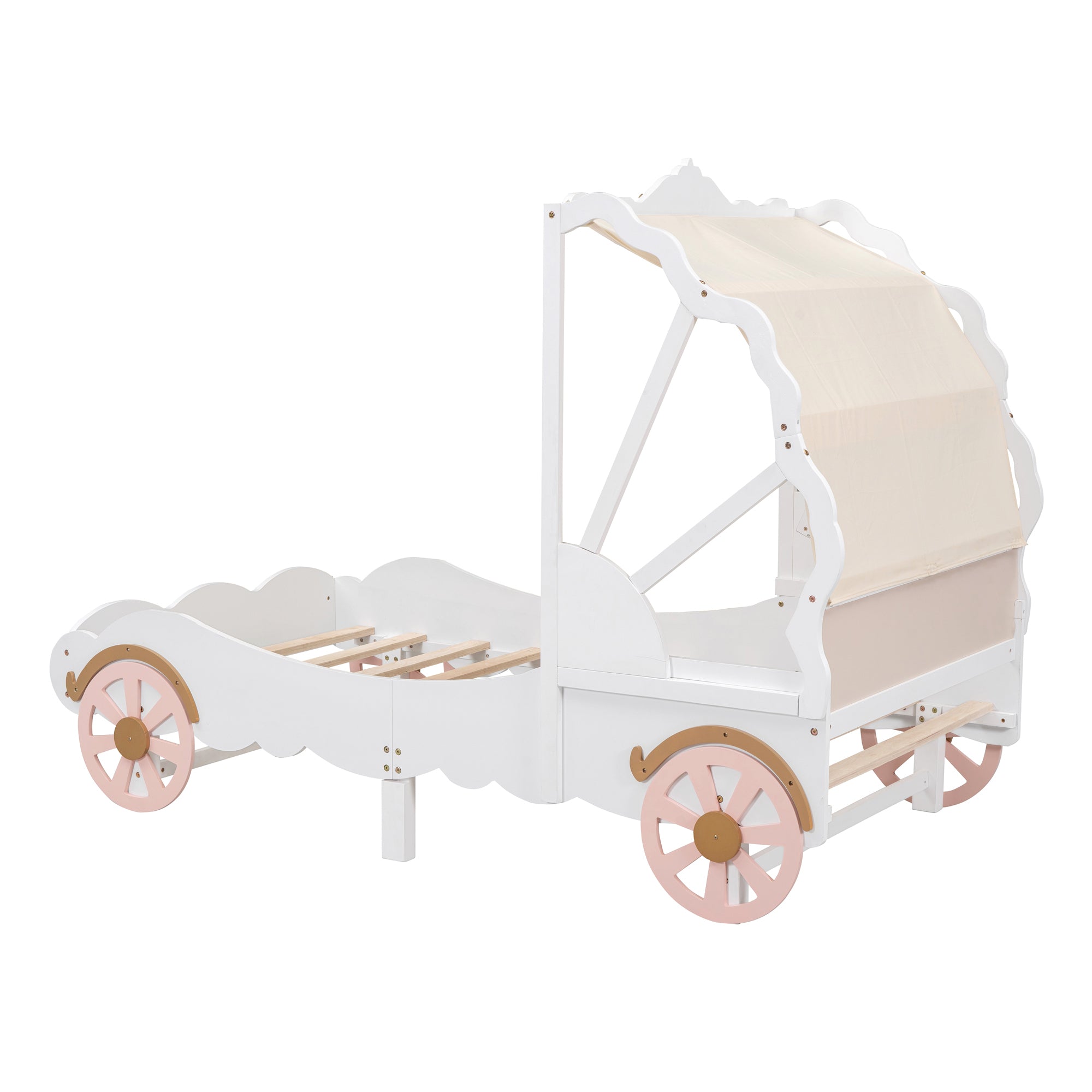 Twin Size Princess Carriage Bed with Canopy, Wood Platform Car Bed with 3D Carving Pattern, White+Pink+Gold - Atlantic Fine Furniture Melbourne FL