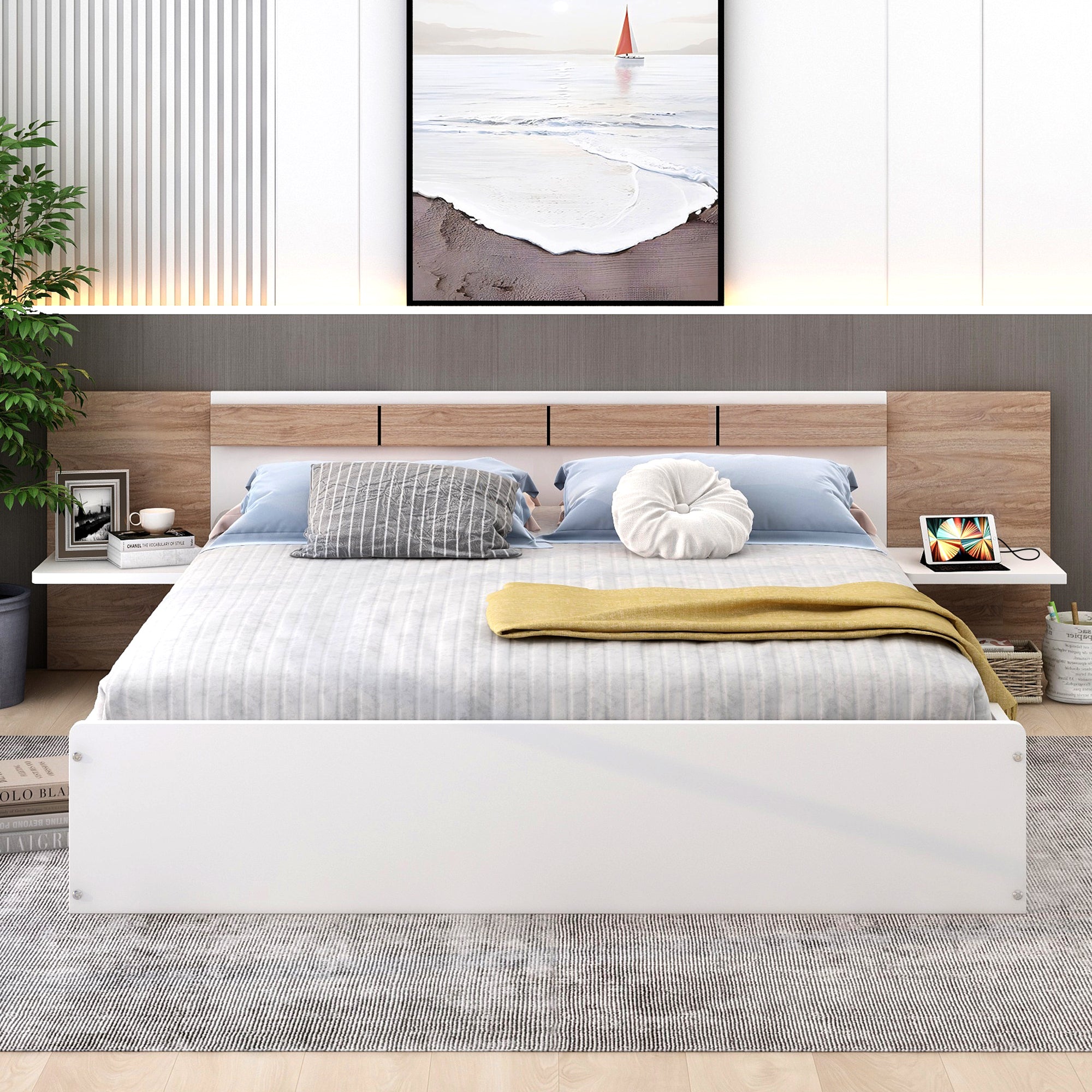 Queen Size Platform Bed with Headboard, Shelves, USB Ports and Sockets, White - Atlantic Fine Furniture Melbourne FL