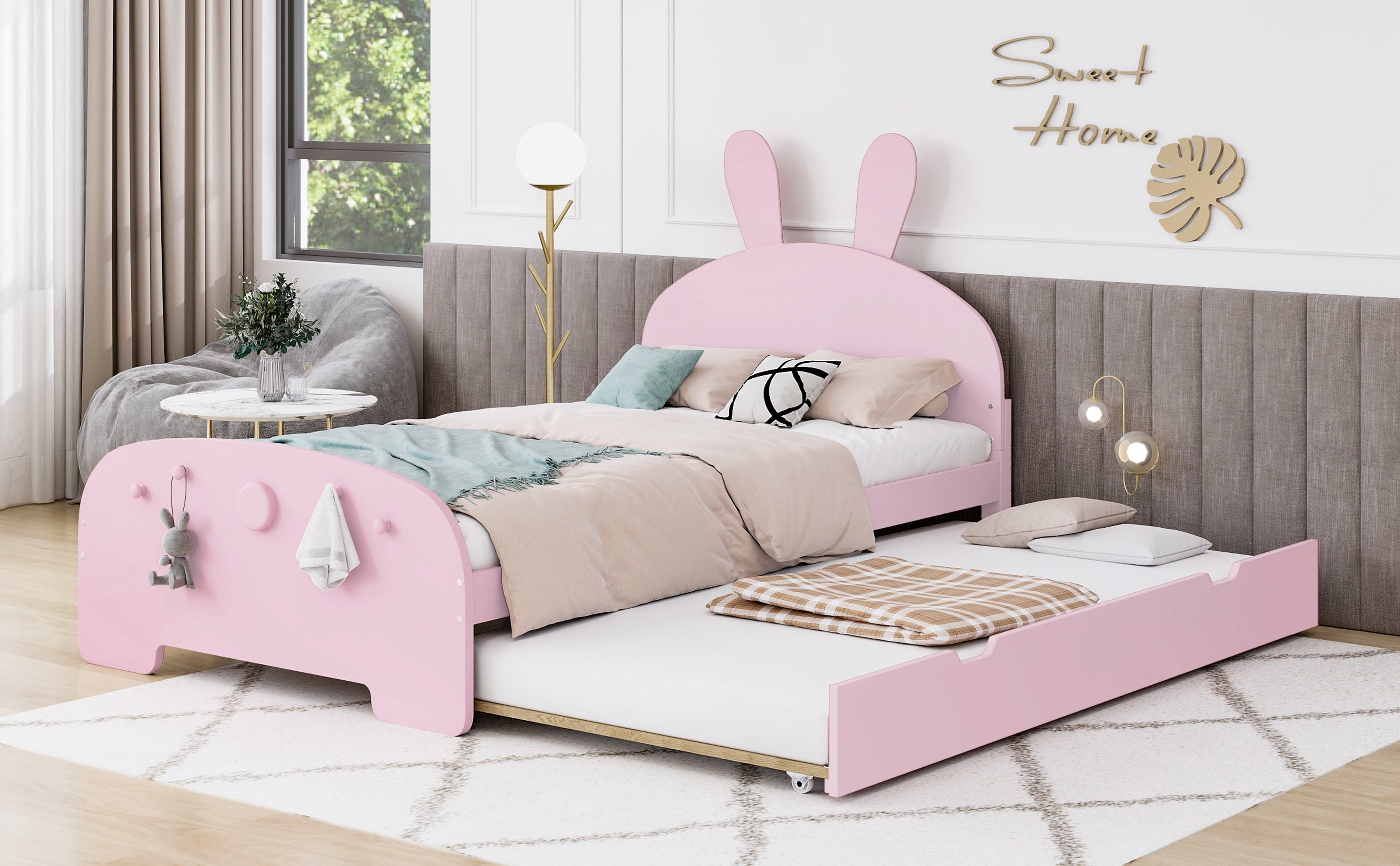 Wood Twin Size Platform Bed with Cartoon Ears Shaped Headboard and Trundle, Pink - Atlantic Fine Furniture Melbourne FL