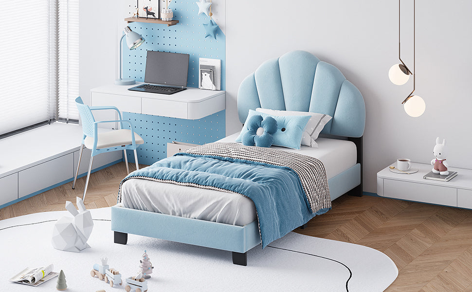 Twin Size Upholstered Velvet Platform Bed with Shell-Shaped Headboard, Blue - Atlantic Fine Furniture Melbourne FL