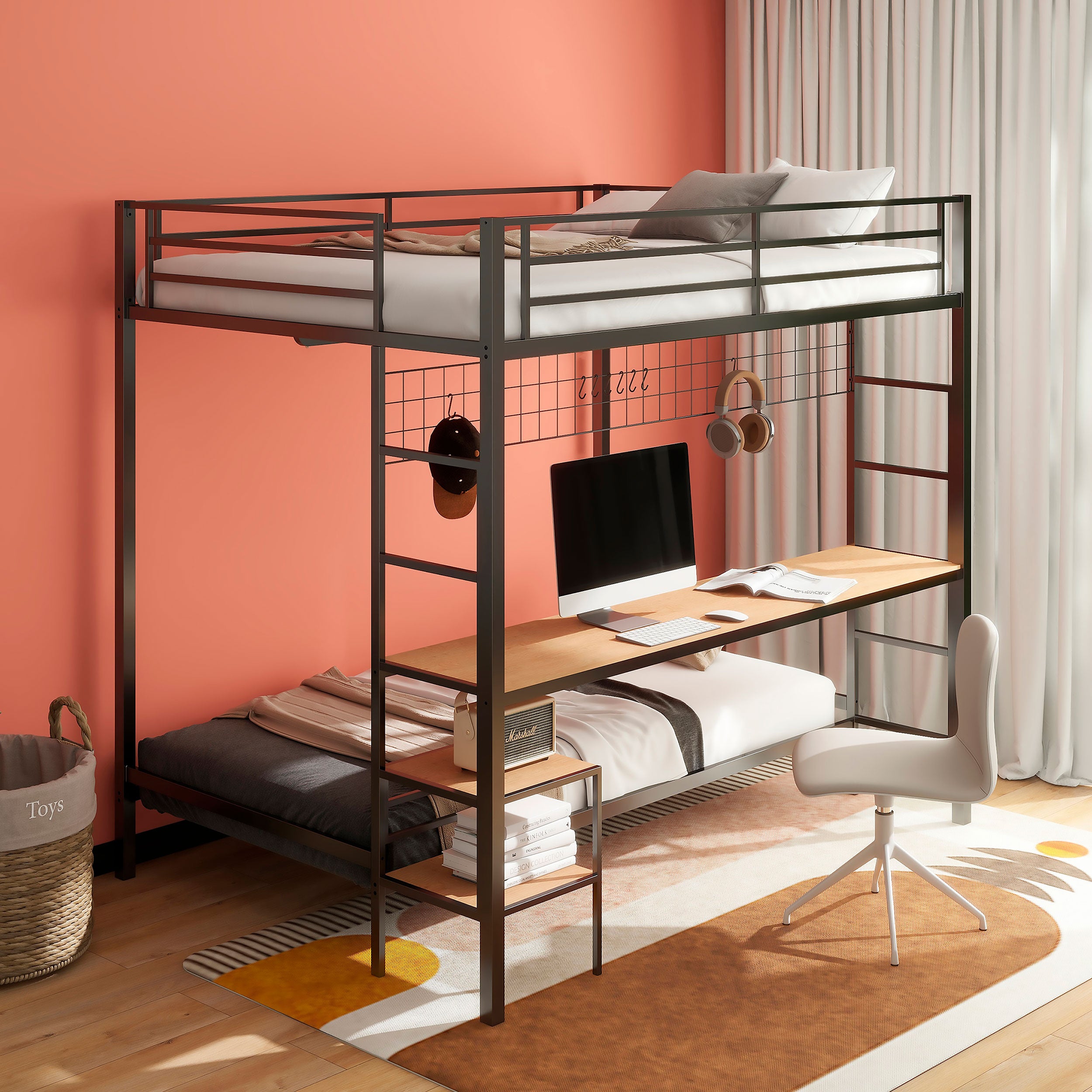 Bettoni Metal Full Over Twin Workstation Bunk Bed Matte Black — view 2