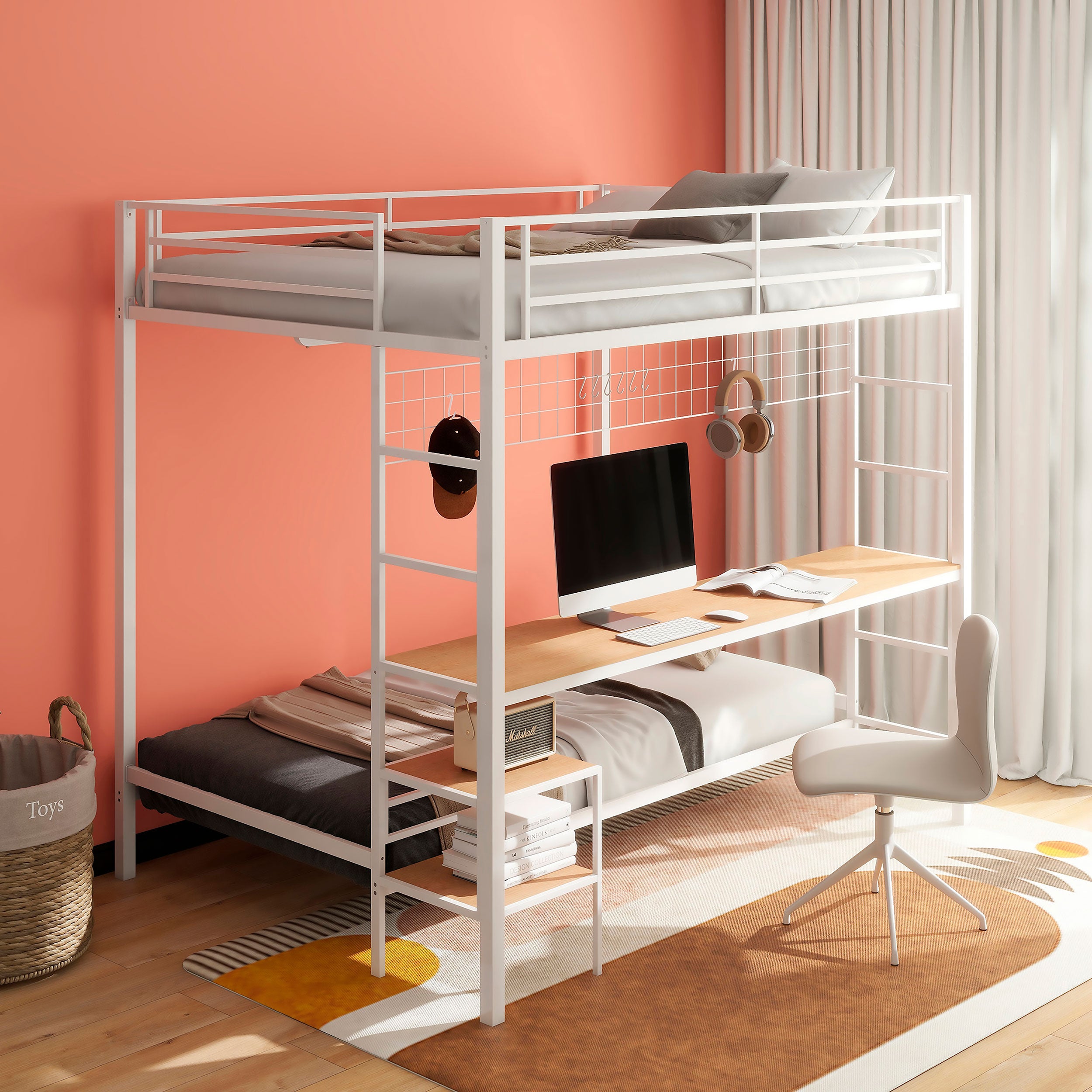 Bettoni Metal Full Over Twin Workstation Bunk Bed Matte White — view 2
