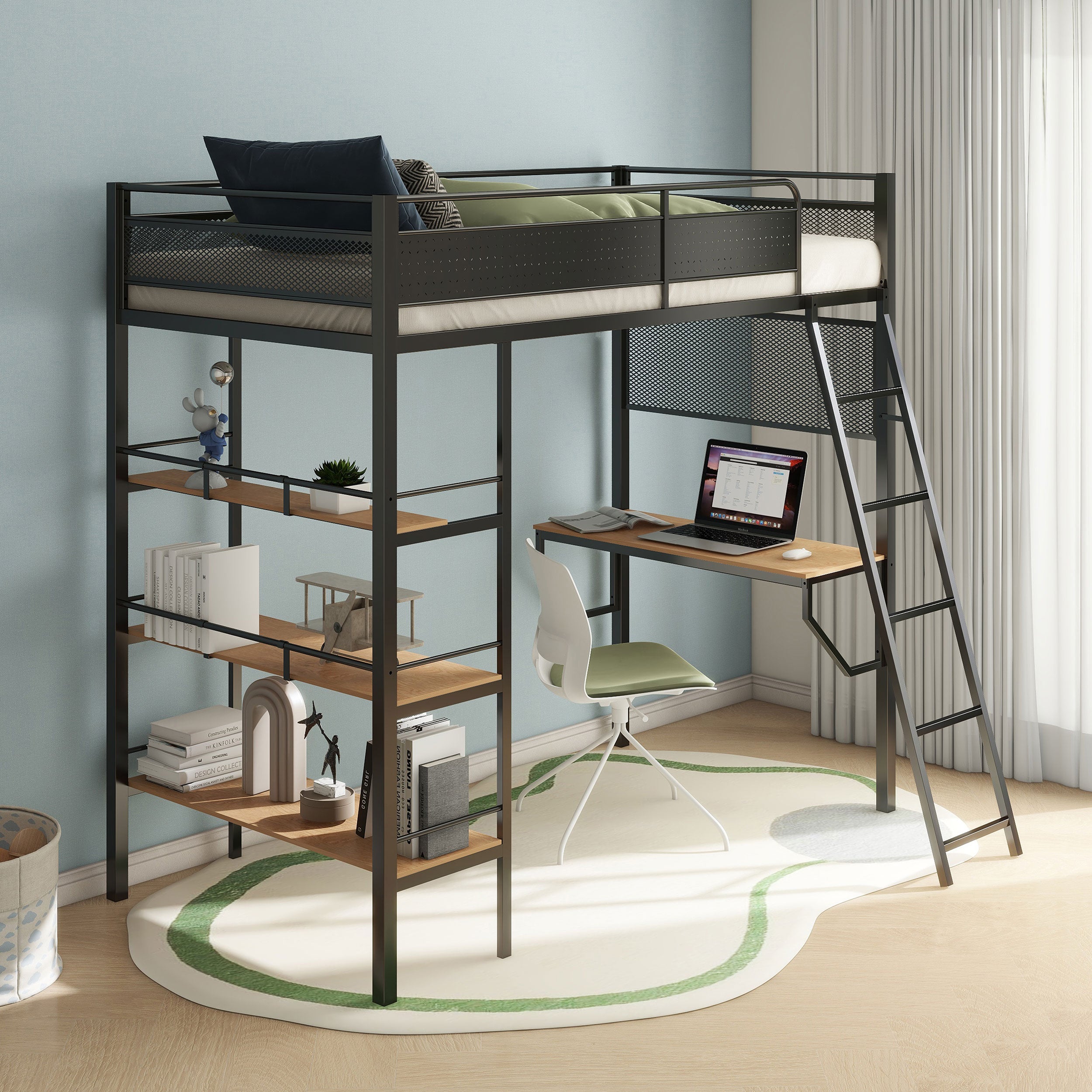 Campus 3-shelf Metal Twin Workstation Loft Bed Matte Black — view 2