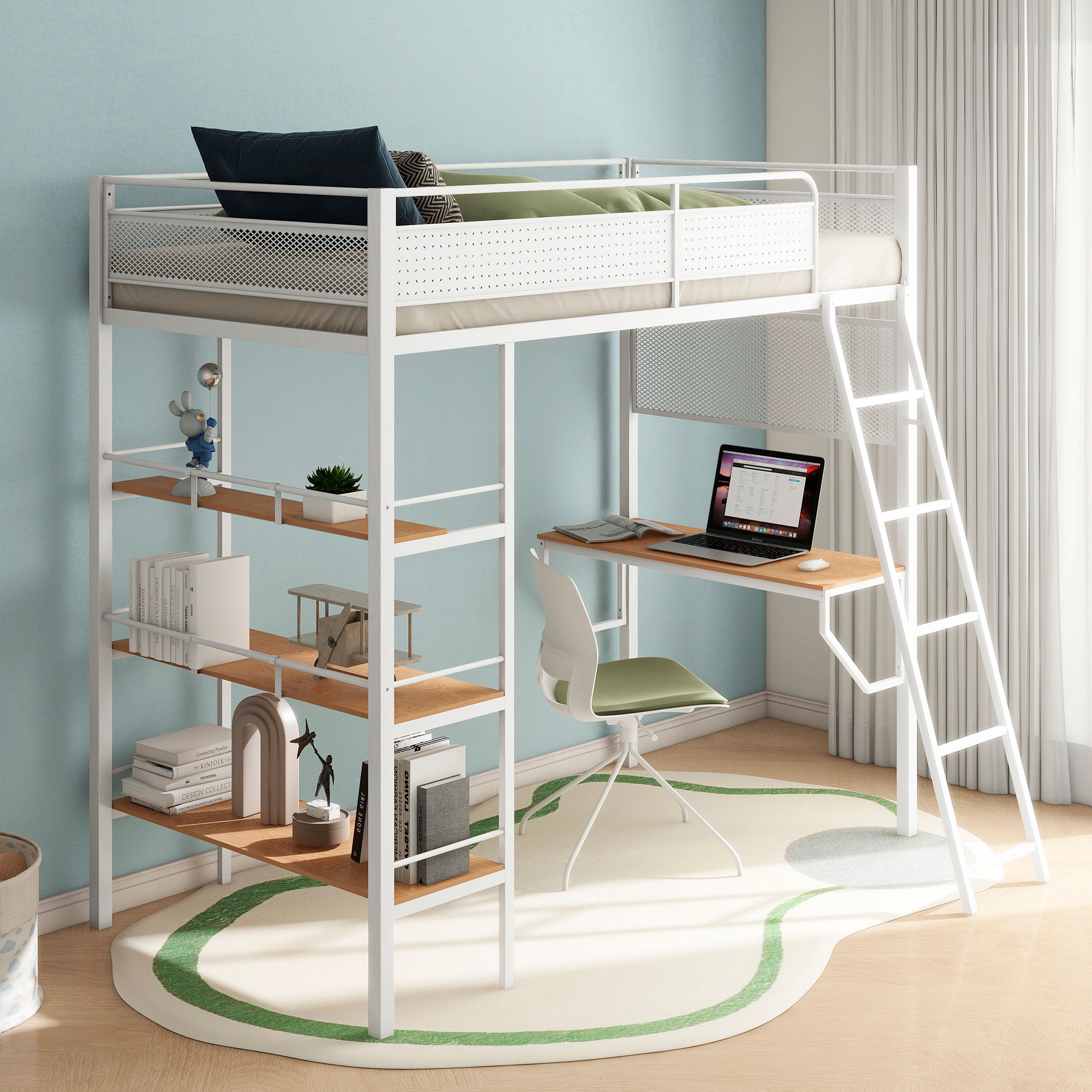 Campus 3-shelf Metal Twin Workstation Loft Bed Matte White — view 2