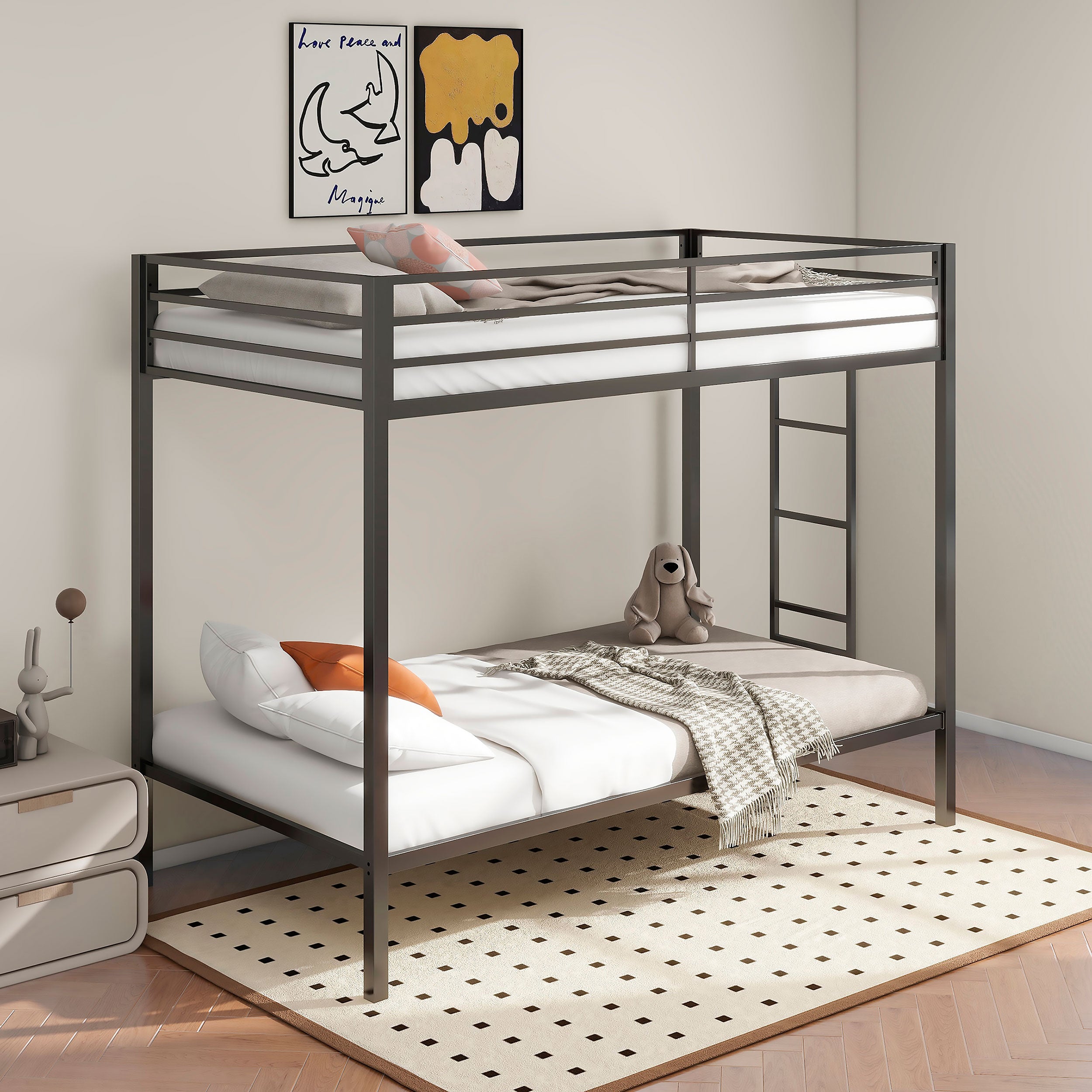 Alevera Metal Twin Over Twin Bunk Bed with Ladder Black — view 2