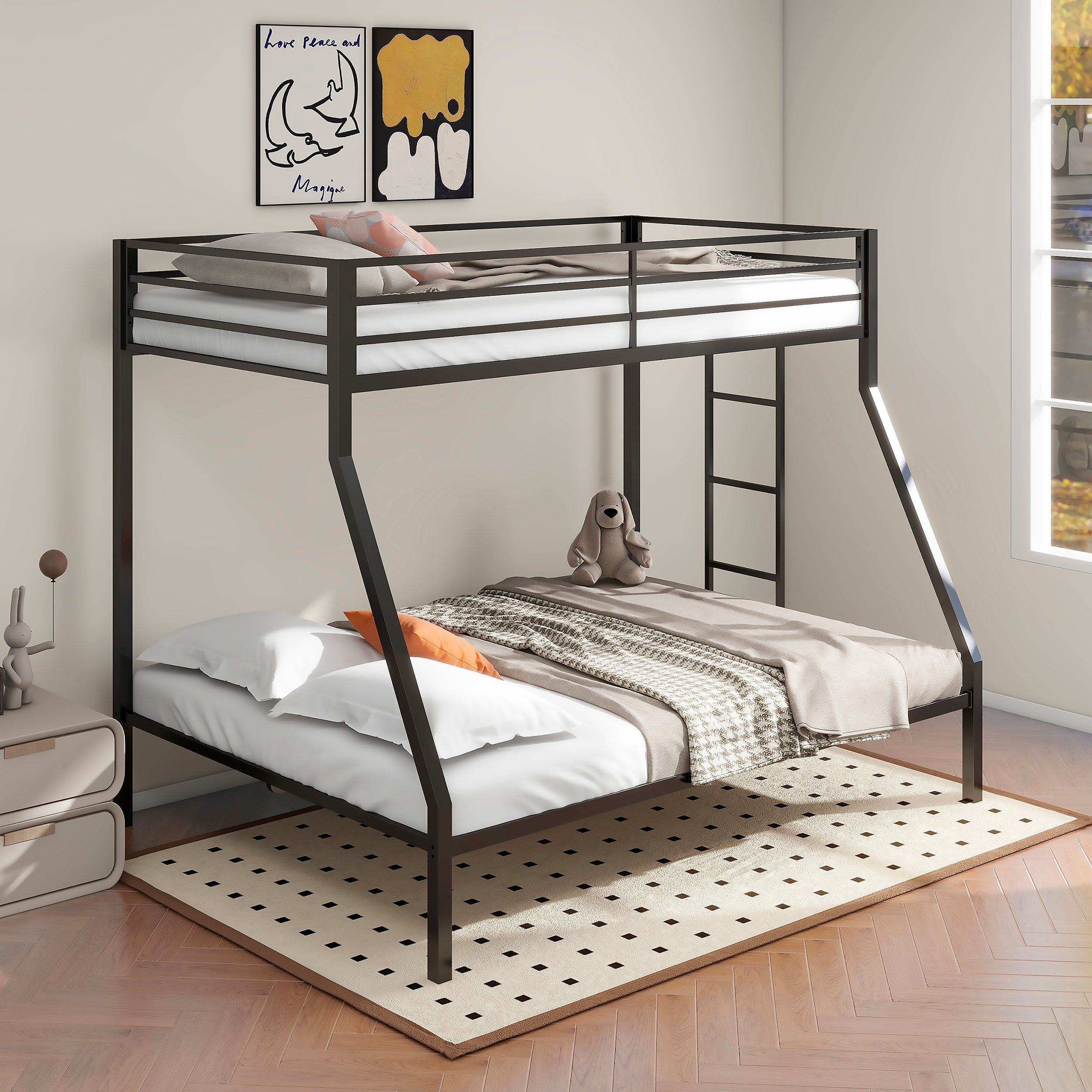 Alevera Metal Twin Over Full Bunk Bed with Ladder Black — view 2