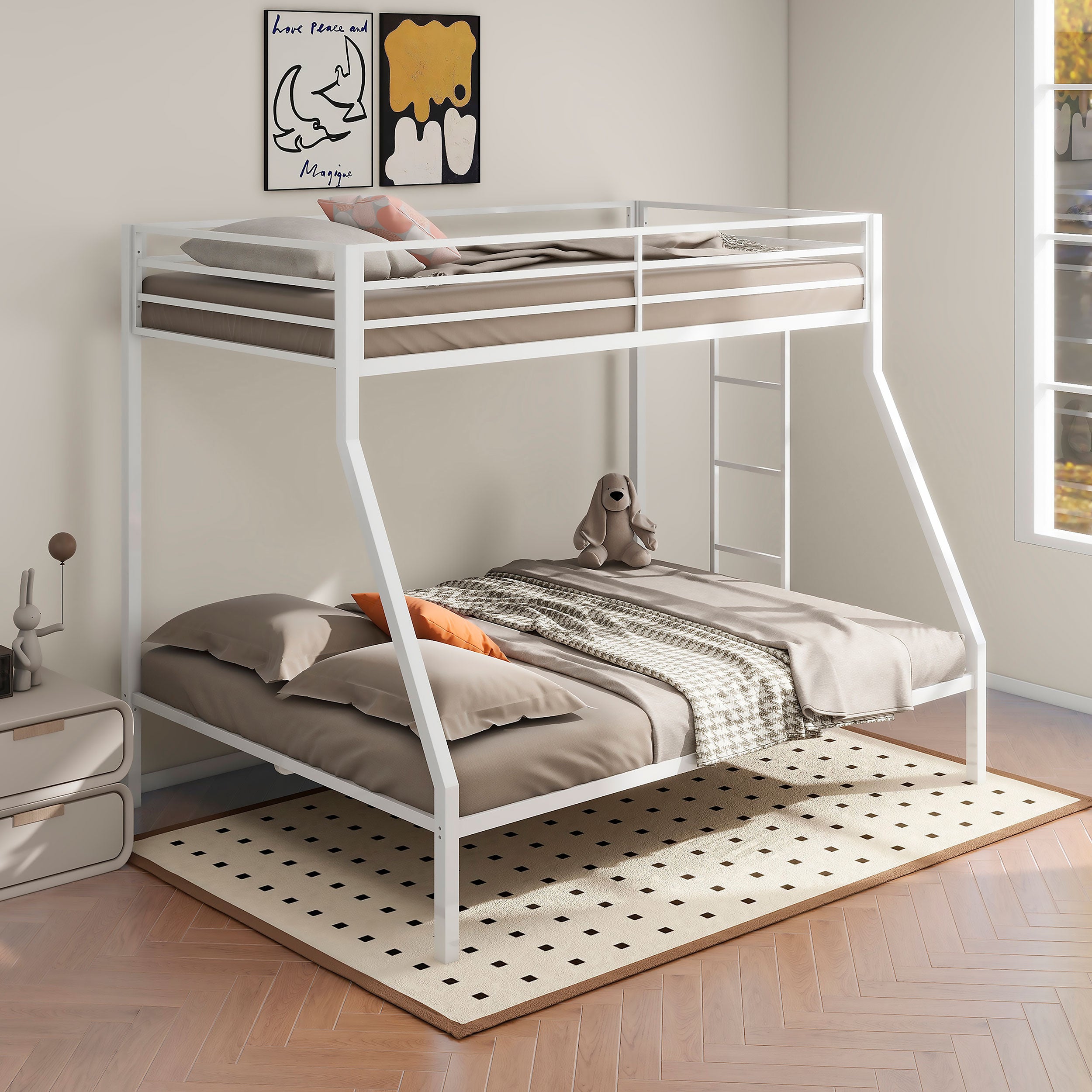Alevera Metal Twin Over Full Bunk Bed with Ladder White — view 2