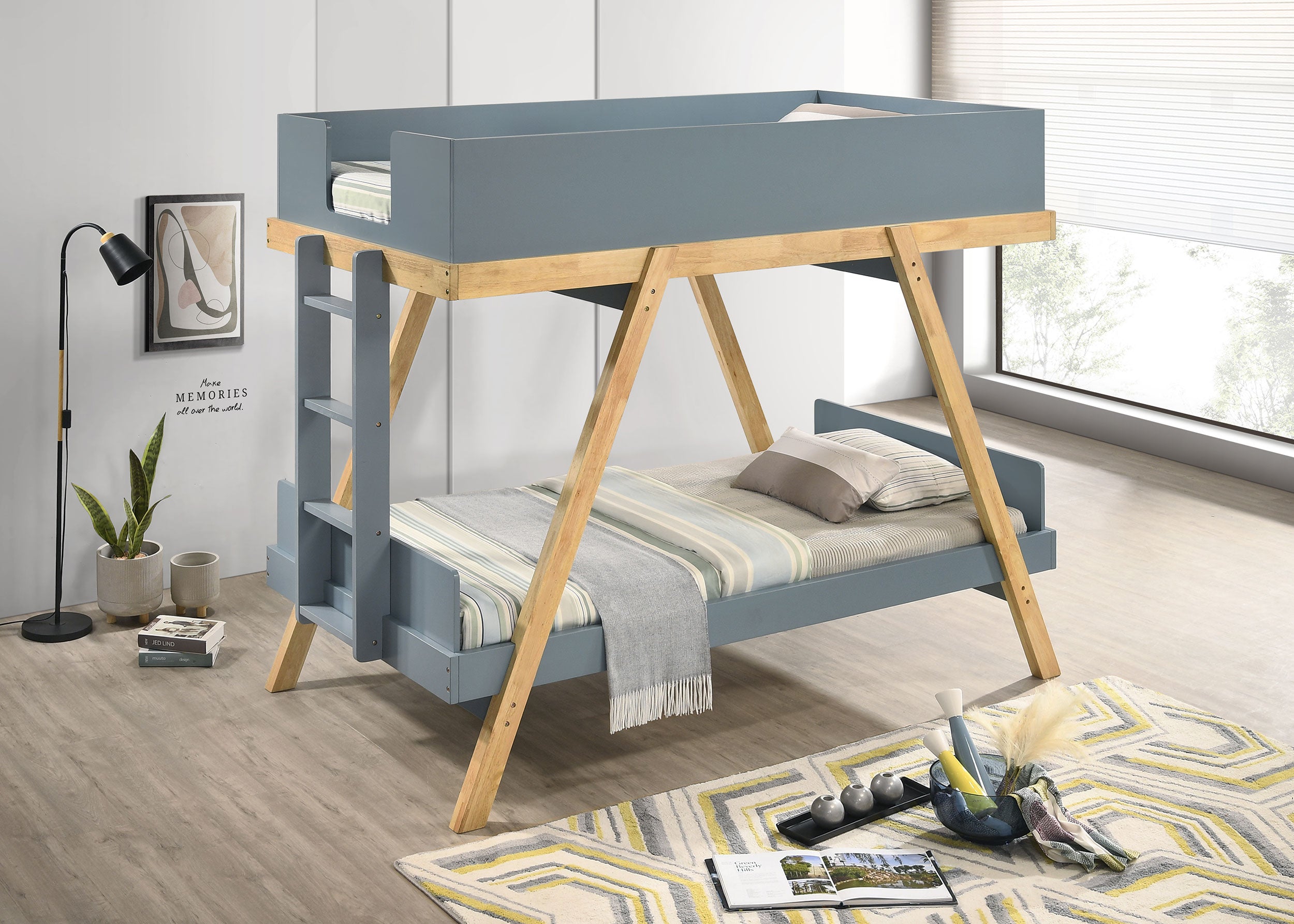 Frankie Wood Twin Over Twin Bunk Bed Blue and Natural — view 2