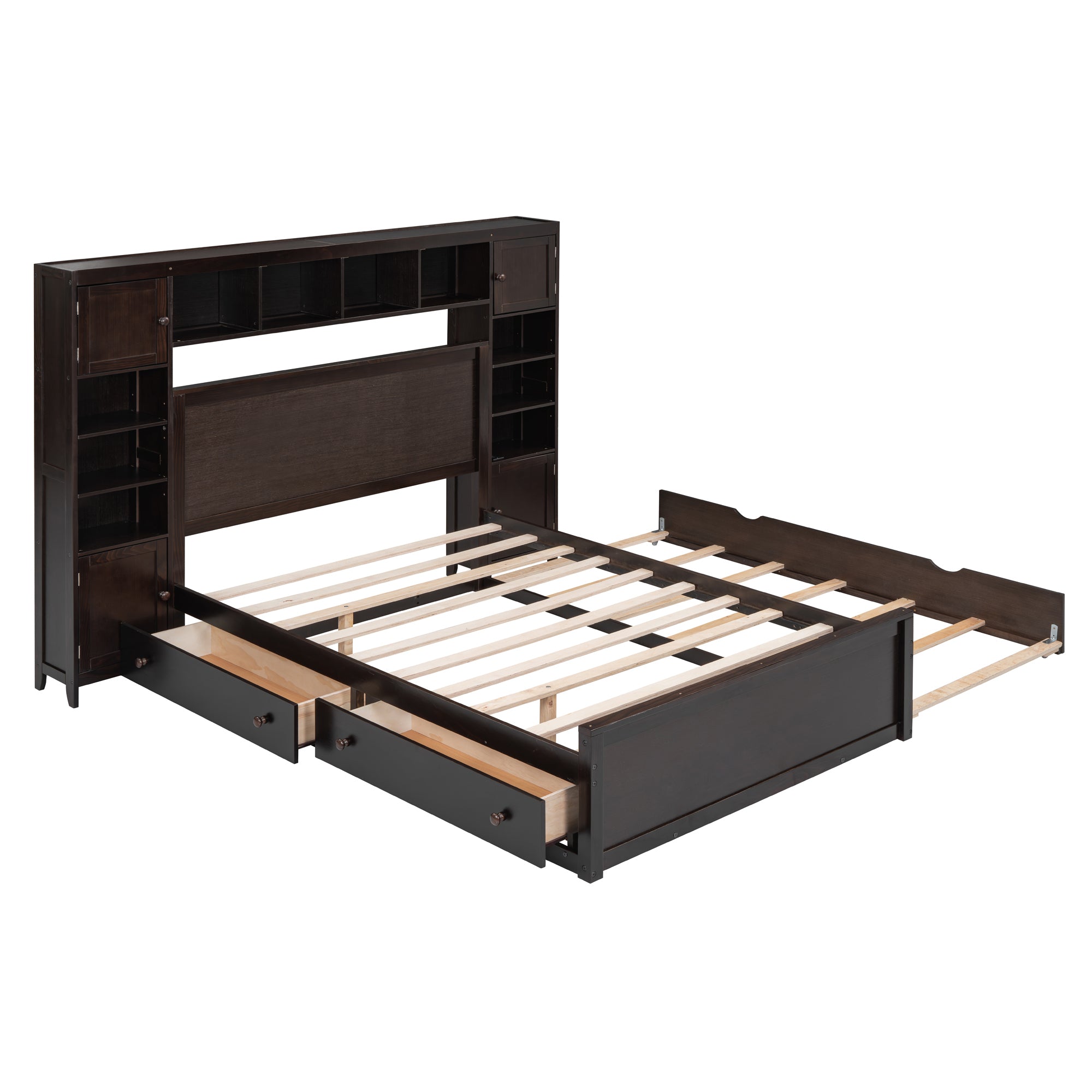 Full Size Wooden Bed With All-in-One Cabinet, Shelf and Sockets, Espresso - Atlantic Fine Furniture Melbourne FL