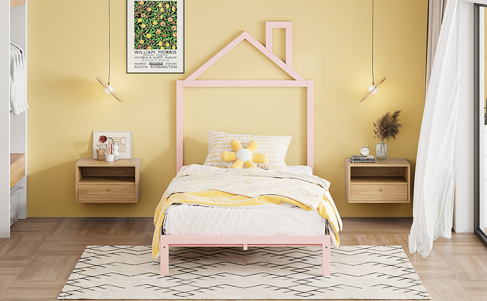 Twin Size Metal Platform Bed with House-Shaped Headboard Design, Pink - Atlantic Fine Furniture Melbourne FL