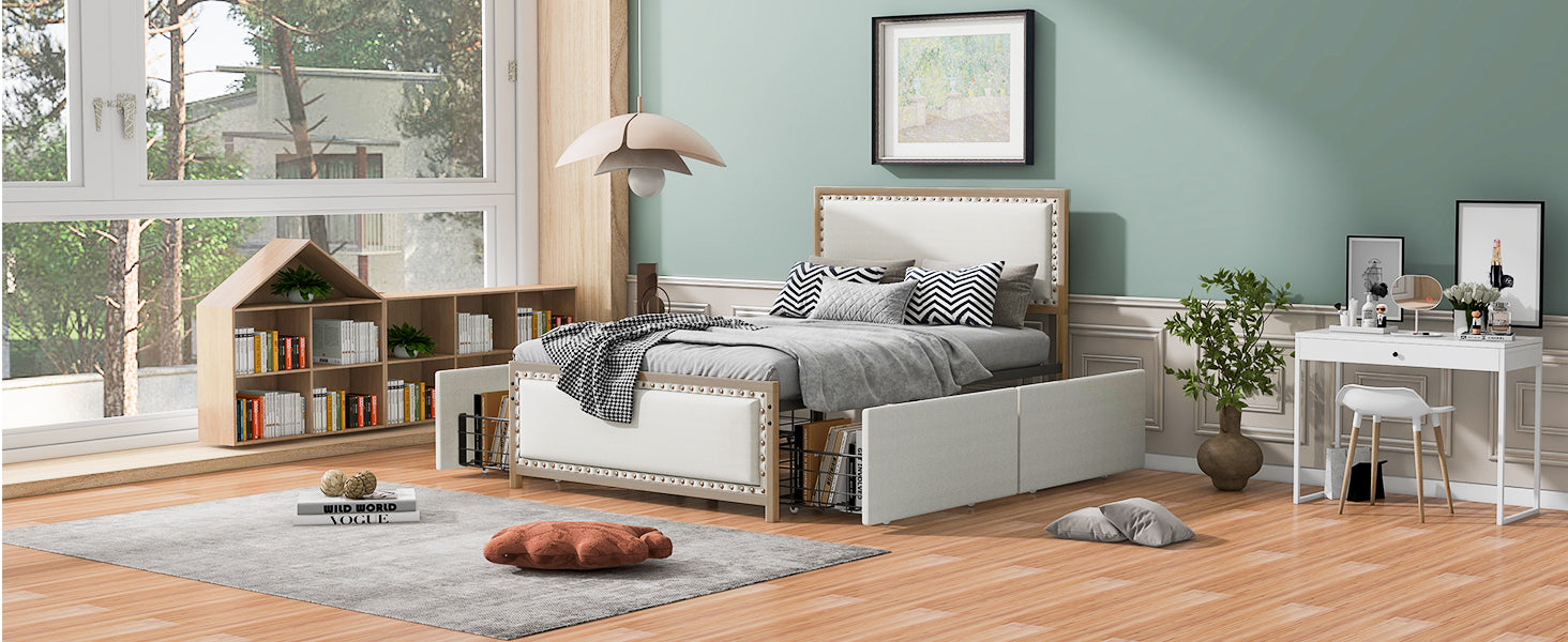 Full Size Upholstered Platform Bed with Nailhead Decoration and 4 Drawers, Brown - Atlantic Fine Furniture Melbourne FL