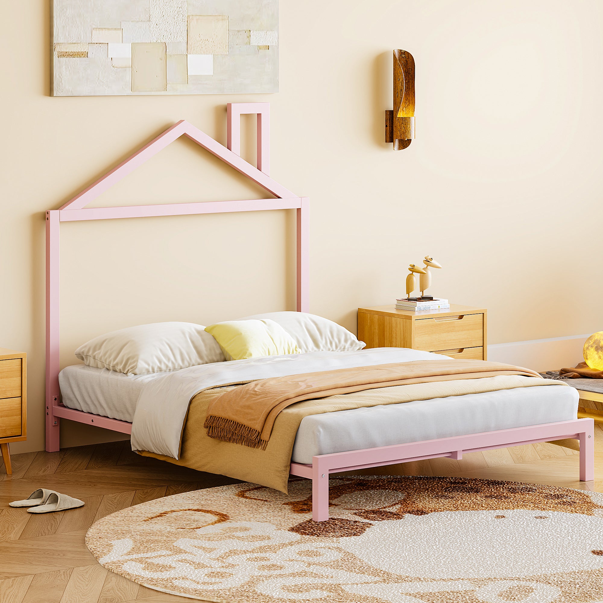 Full Size Metal Platform Bed with House-Shaped Headboard Design, Pink