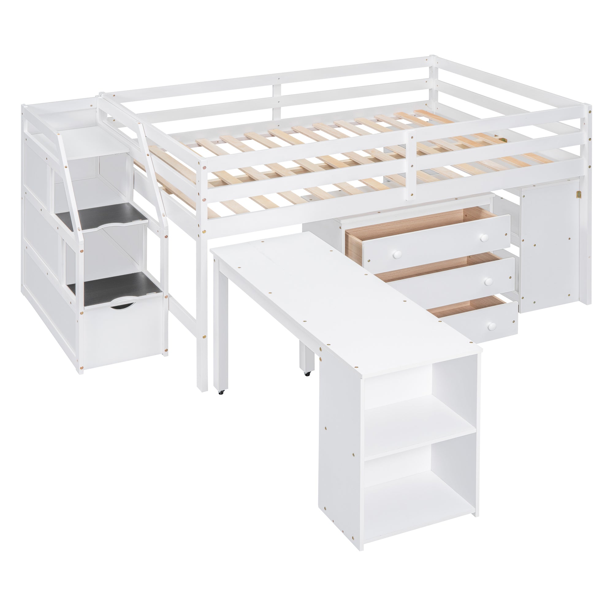 Full Size Loft Bed with Retractable Writing Desk and 3 Drawers, Wooden Loft Bed with Storage Stairs and Shelves, White - Atlantic Fine Furniture Melbourne FL