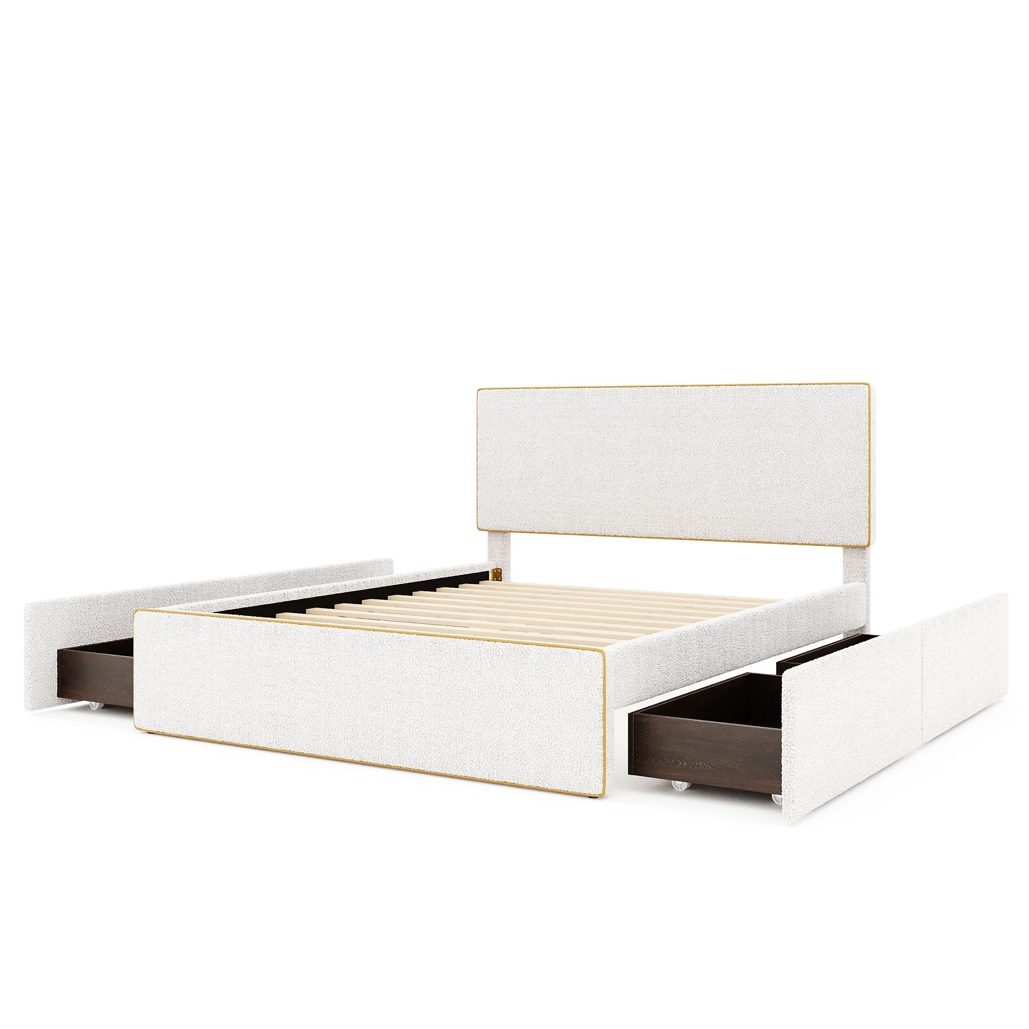 Full Size Upholstered Platform Bed with 4 Drawers and Golden Edge on the Headboard & Footboard, White - Atlantic Fine Furniture Melbourne FL