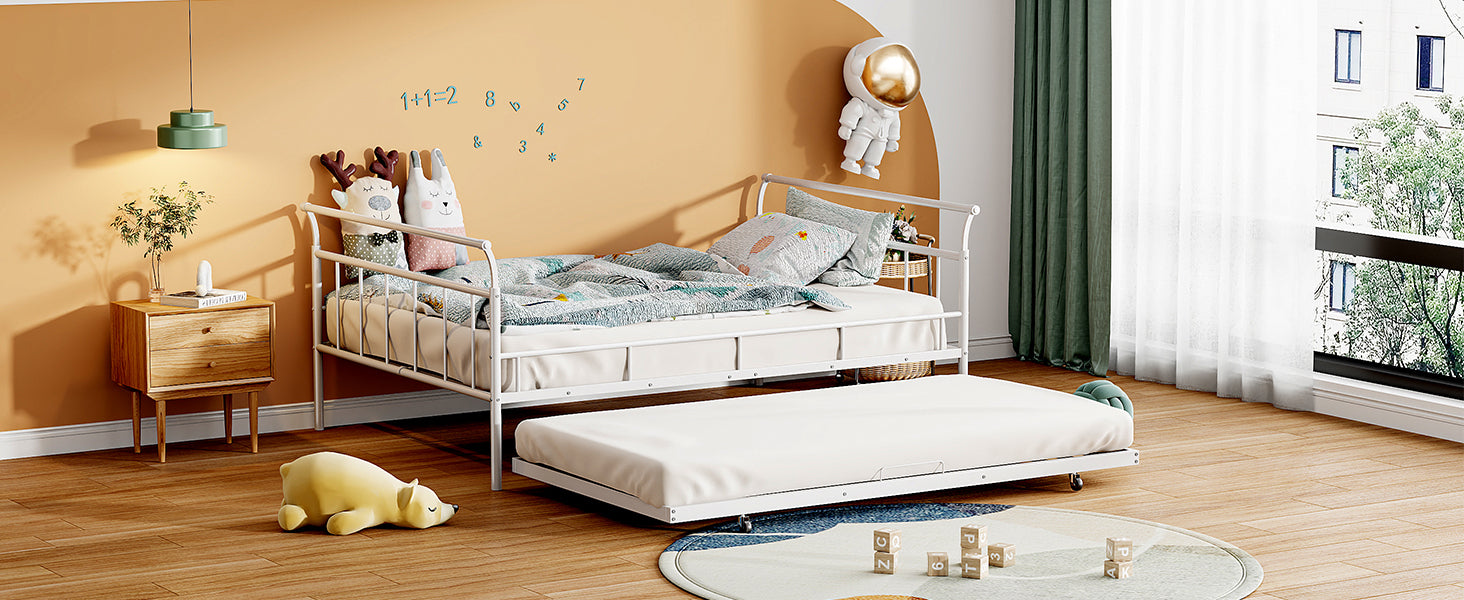Full Size Metal Daybed with Curved Handle Design and Twin Size Trundle, White - Atlantic Fine Furniture Melbourne FL