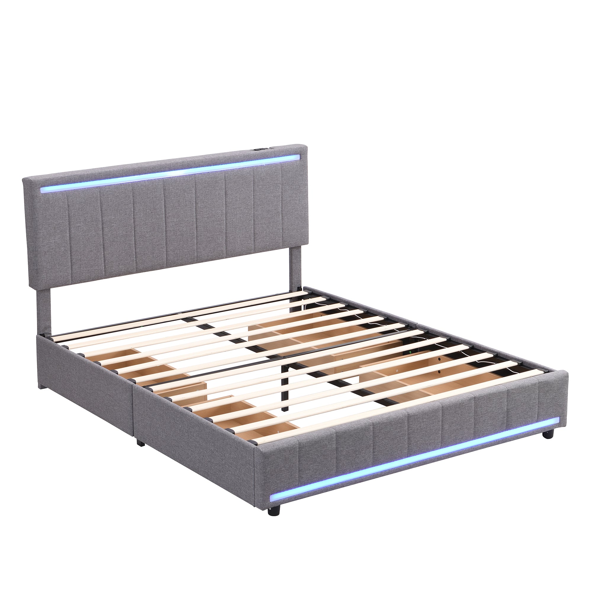 Queen Size Upholstered Bed with LED Light and 4 Drawers, Modern Platform Bed with a set of Sockets and USB Ports, Linen Fabric, Beige - Atlantic Fine Furniture Melbourne FL