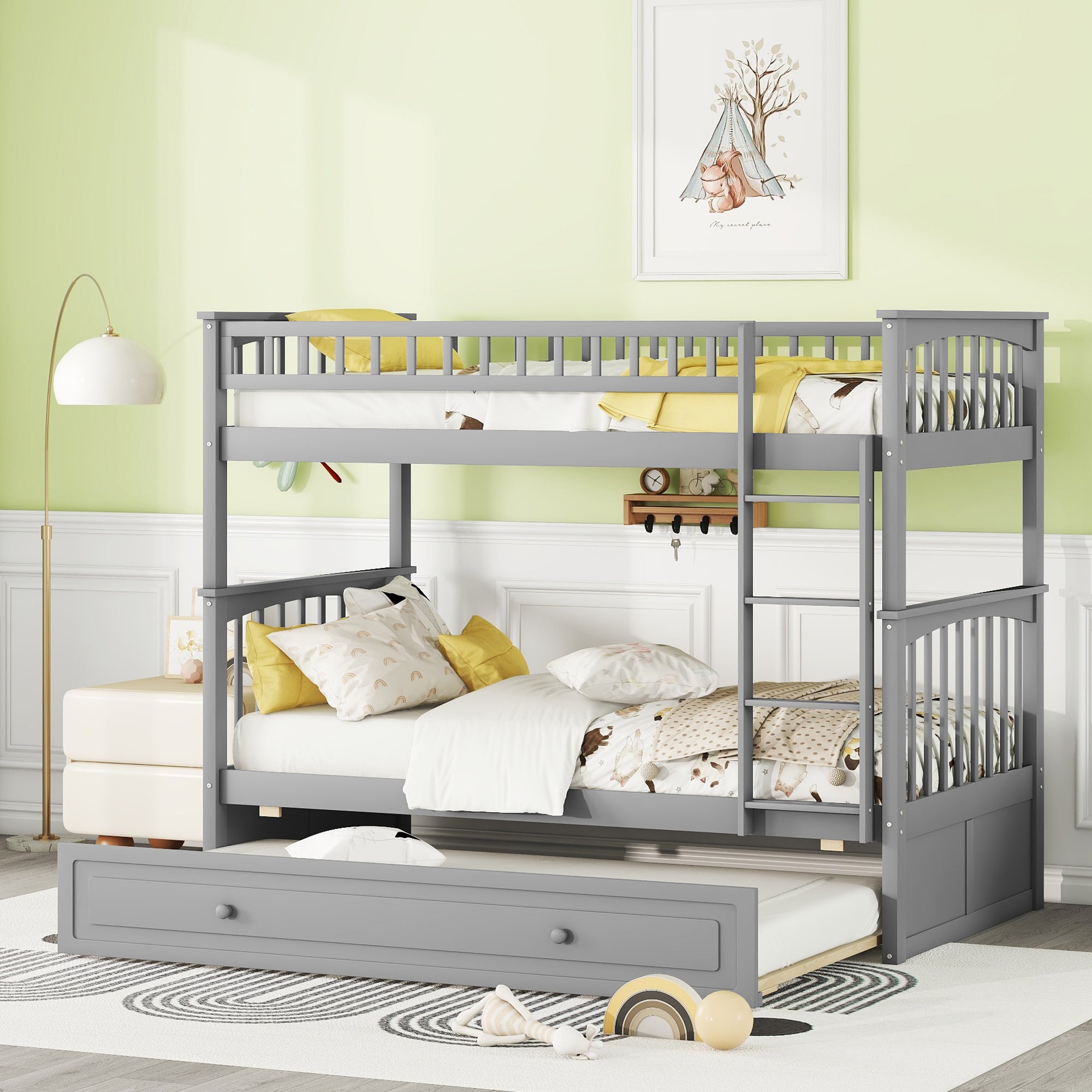 Twin over Twin Bunk Bed with Twin Size Trundle, Convertible Beds, Gray - Atlantic Fine Furniture Melbourne FL
