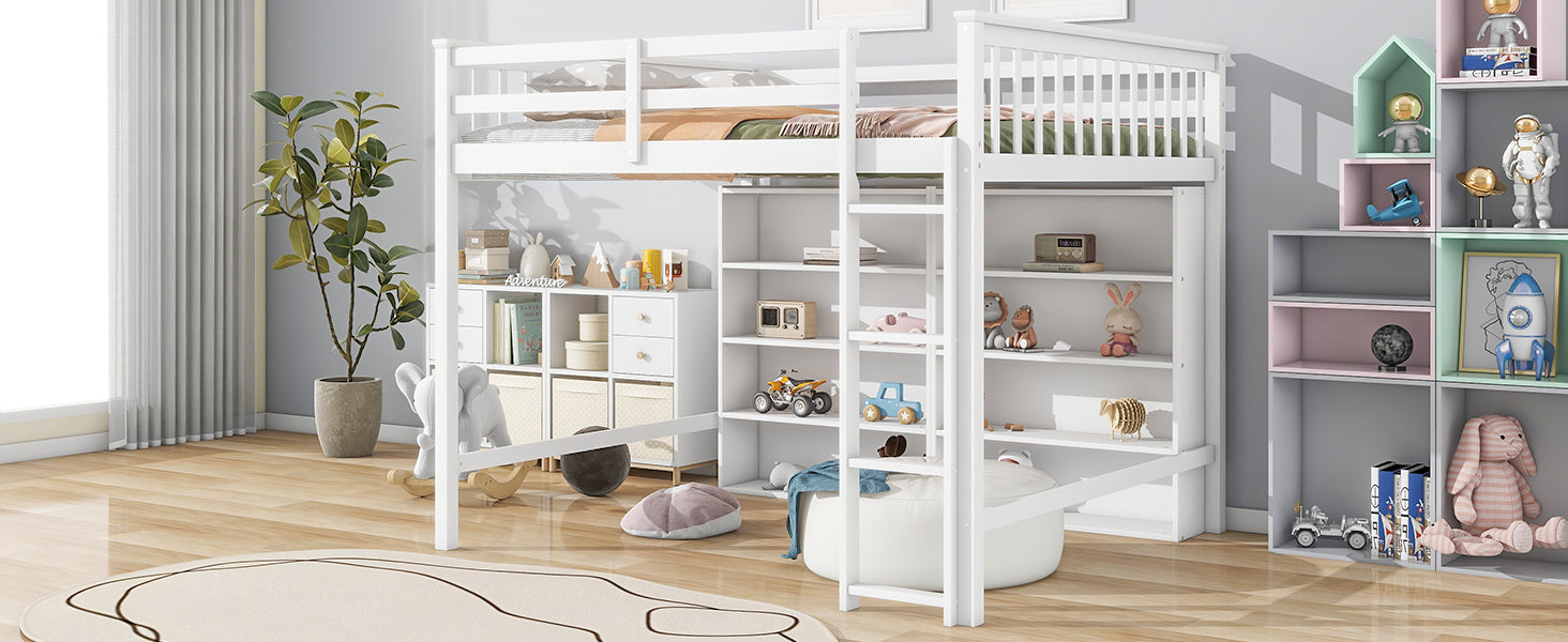 Full Size Loft Bed with 8 Open Storage Shelves and Built-in Ladder, White - Atlantic Fine Furniture Melbourne FL