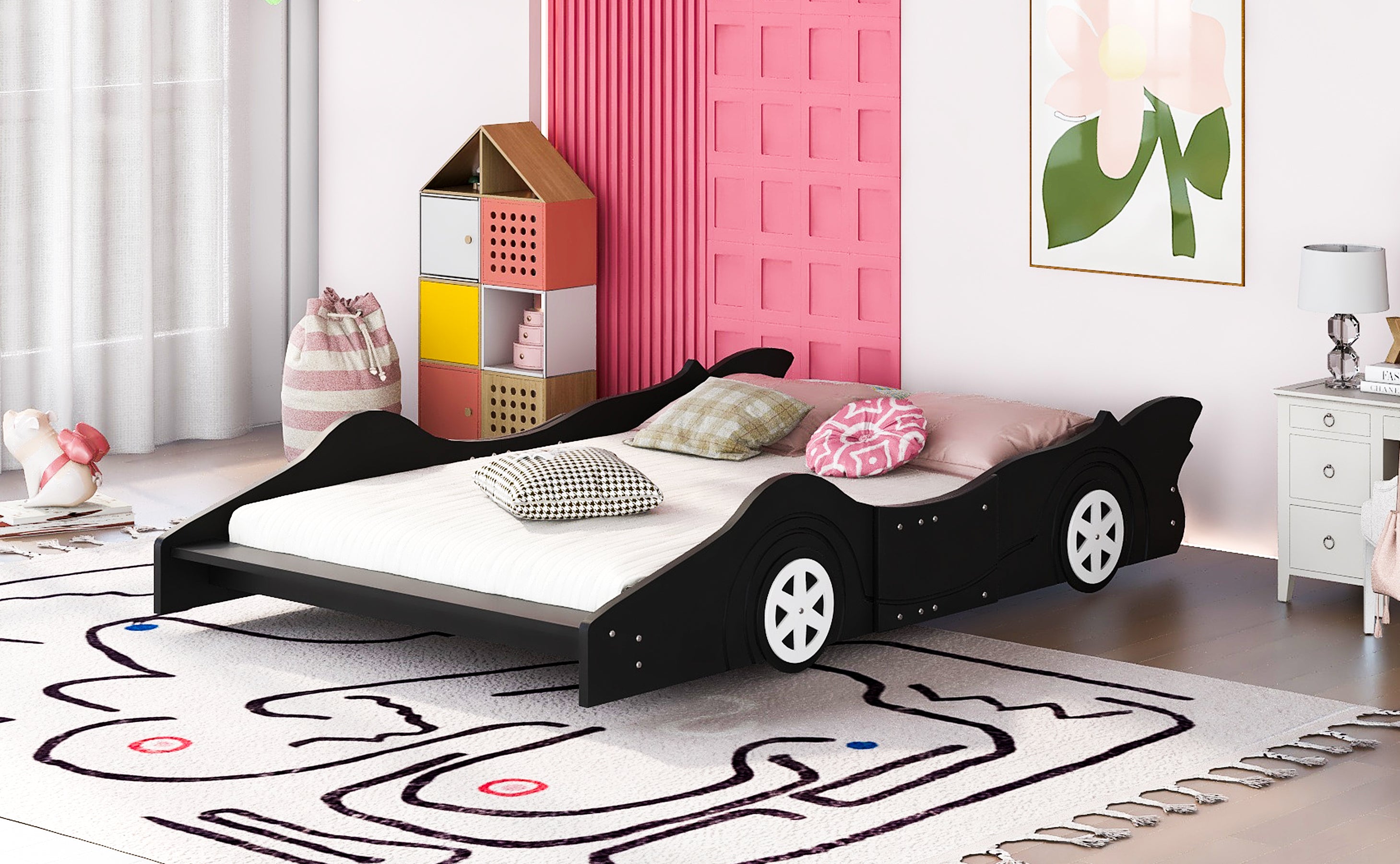 Full Size Race Car-Shaped Platform Bed with Wheels,Black - Atlantic Fine Furniture Melbourne FL