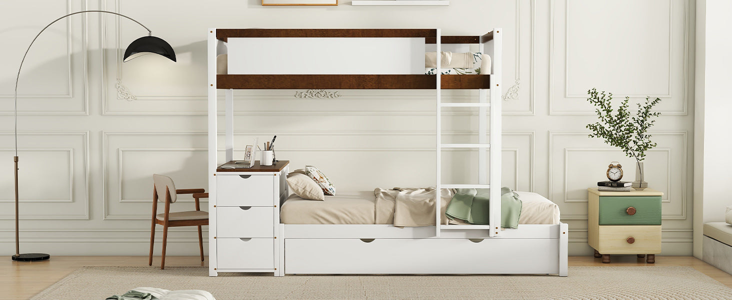 Twin-Over-Twin Bunk Bed with Twin size Trundle, Storage and Desk, White+Walnut - Atlantic Fine Furniture Melbourne FL