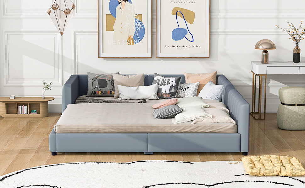 Queen Size & Twin XL Size Upholstered Platform Bed, Mother & Child Bed, PU Leather, Gray - Atlantic Fine Furniture Melbourne FL