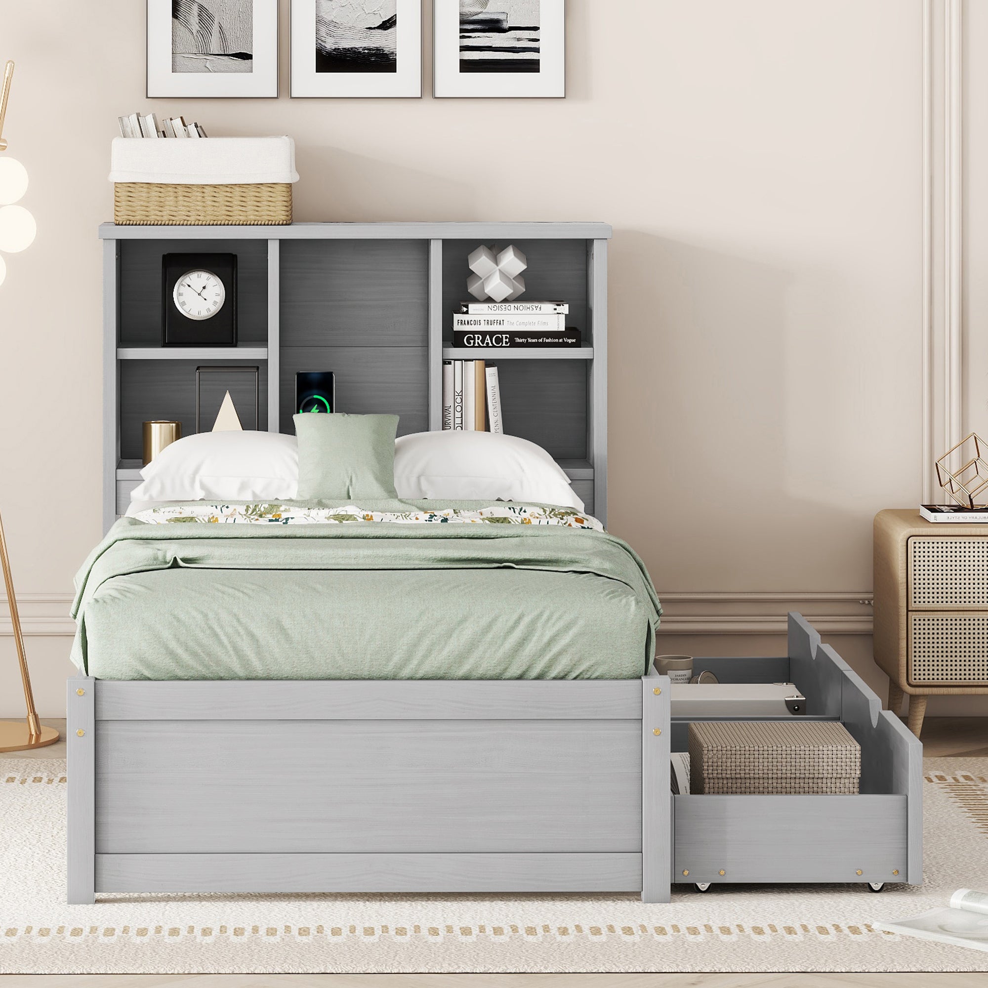 Modern Twin Size Bed Frame With Built-in USB Port on Bookcase Headboard and 2 Drawers for Grey Color - Atlantic Fine Furniture Melbourne FL
