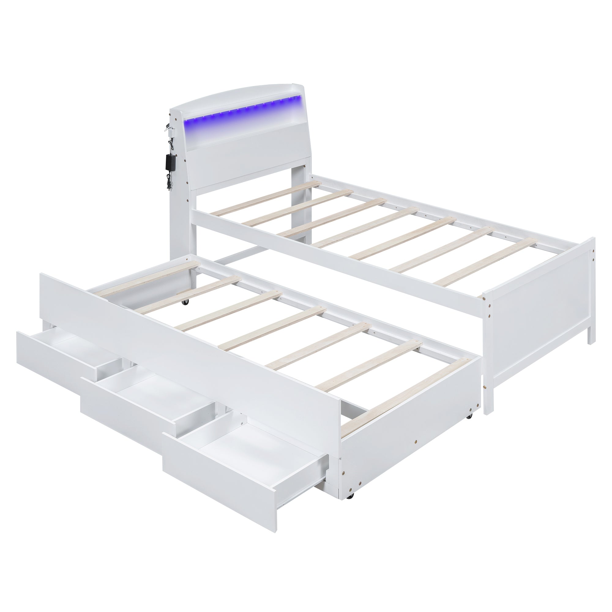 Twin Size Platform Bed with Storage LED Headboard, Twin Size Trundle and 3 Drawers, White - Atlantic Fine Furniture Melbourne FL
