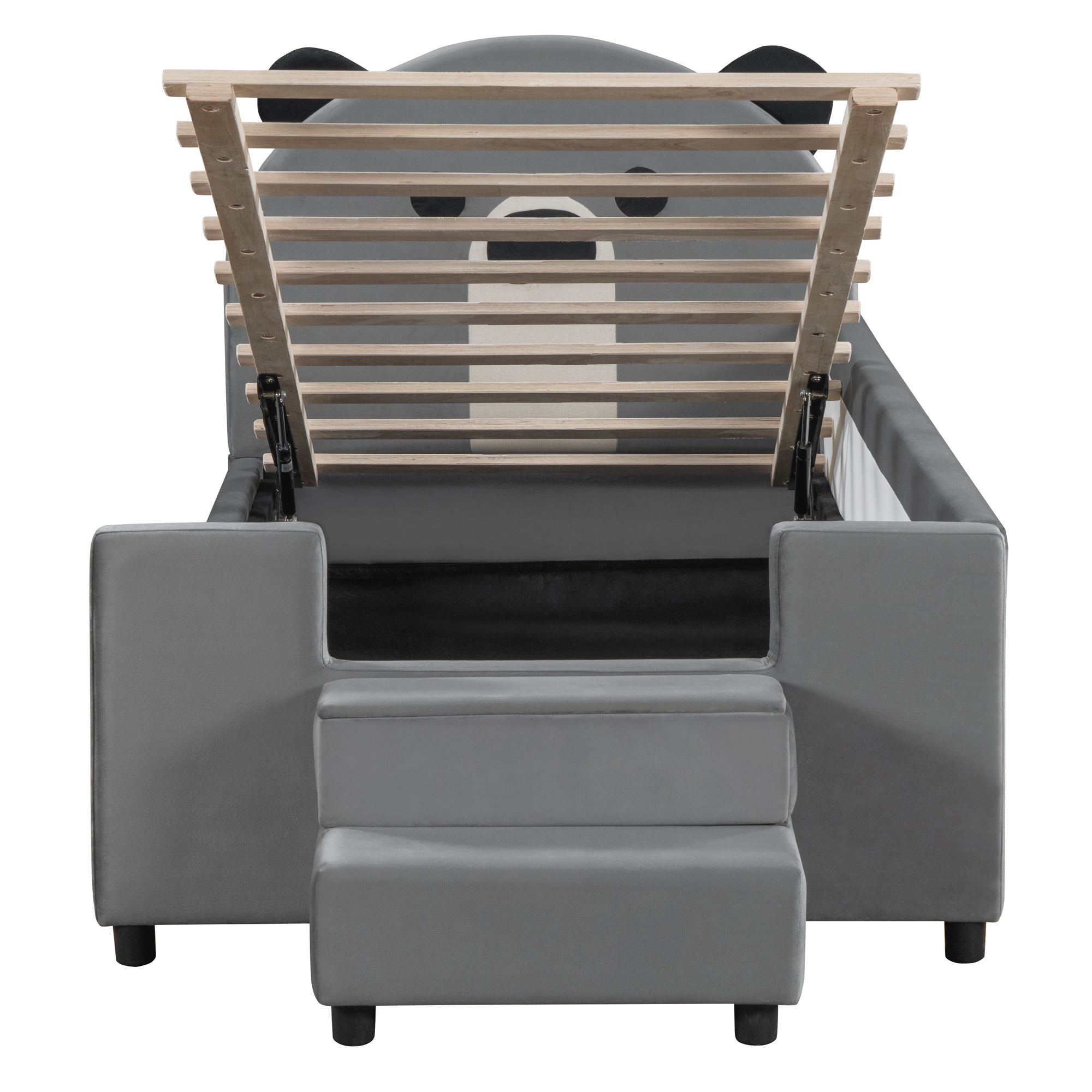 Twin Size Upholstered Daybed with Bear Shaped Headboard, Hydraulic System and Breathable Mesh Fence, Gray - Atlantic Fine Furniture Melbourne FL