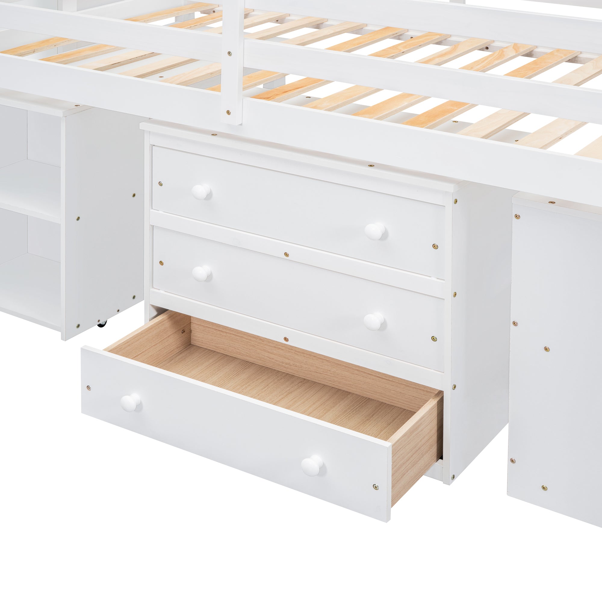 Twin Size Loft Bed with Retractable Writing Desk and 3 Drawers, Wooden Loft Bed with Storage Stairs and Shelves, White - Atlantic Fine Furniture Melbourne FL