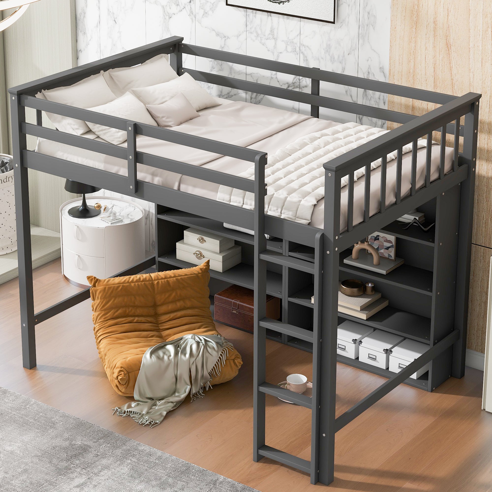 Twin Size Loft Bed with 8 Open Storage Shelves and Built-in Ladder, Gary - Atlantic Fine Furniture Melbourne FL