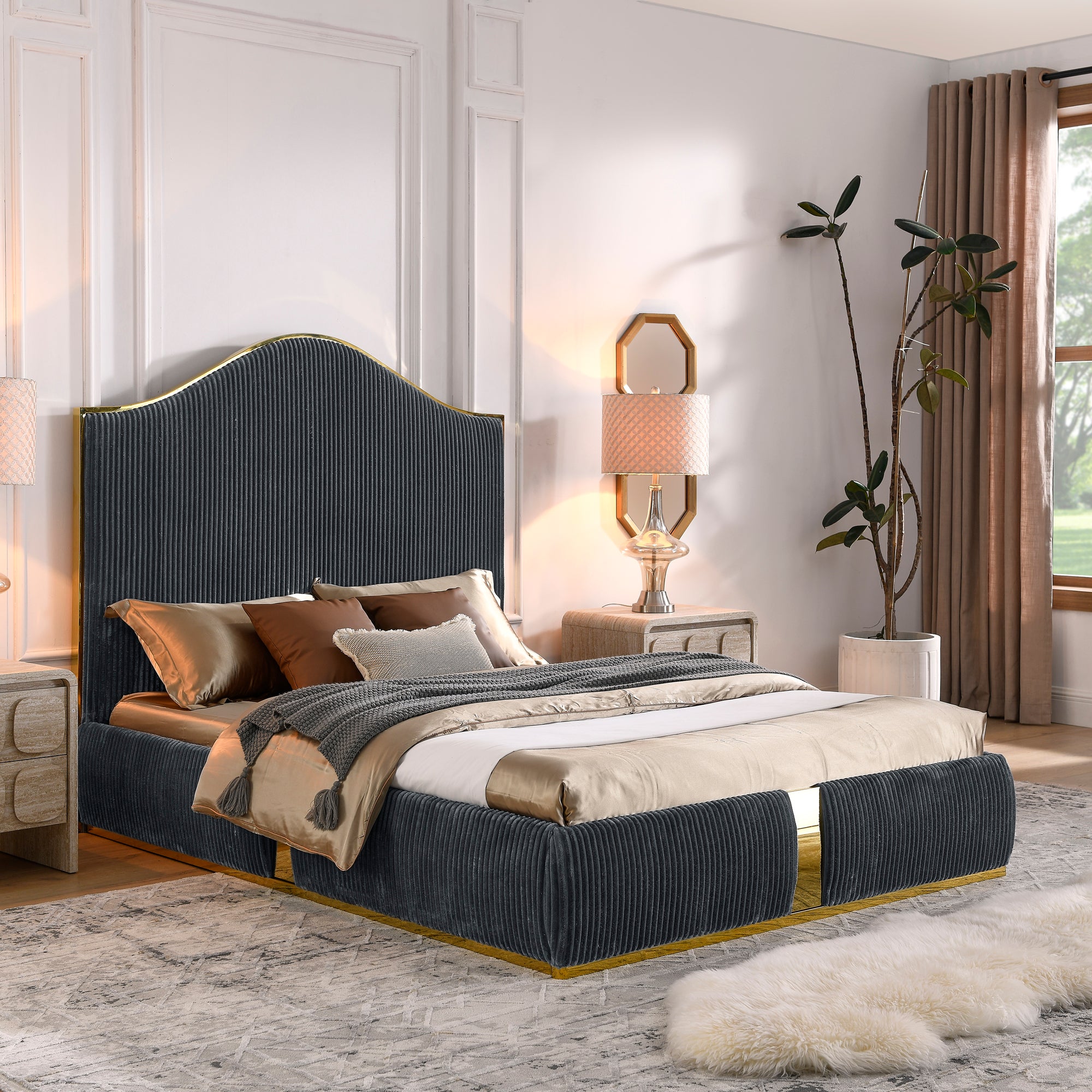 Corduroy Upholstered Bed Frame Queen Size 59.5" Tall Headboard Queen Bed Frame Metal Decoration /No Box Spring Needed