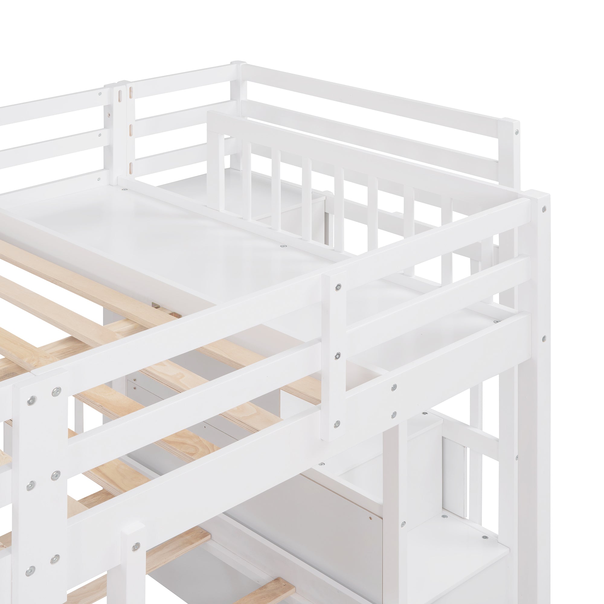 Full Over Twin & Twin Bunk Bed, Wood Triple Bunk Bed with Drawers and Guardrails (White) - Atlantic Fine Furniture Melbourne FL