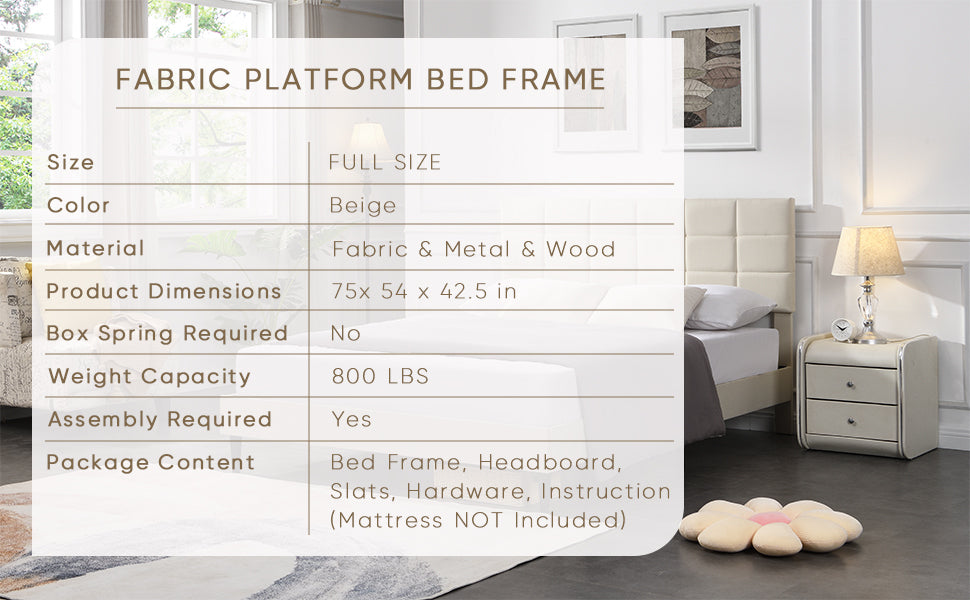 Full Size Platform Bed Frame with Fabric Upholstered Headboard and Wooden Slats, No Box Spring Needed/Easy Assembly, Beige - Atlantic Fine Furniture Melbourne FL
