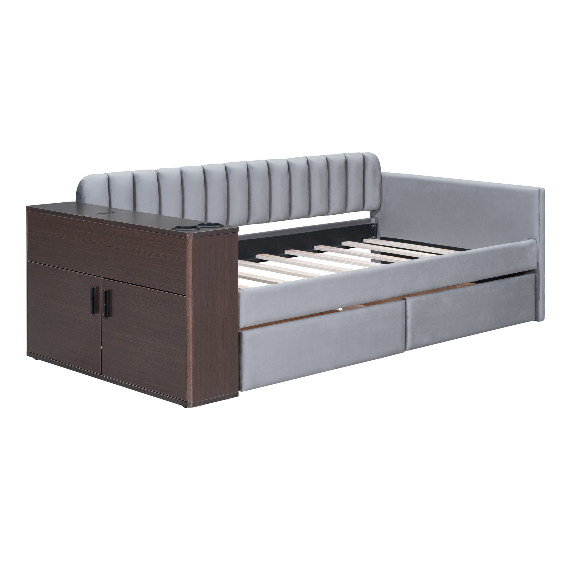 Twin Size Upholstered Daybed with Storage Armrest and 2 Drawers, Multi-functional Daybed with Cup Holder and a set of USB Ports and Sockets, Gray - Atlantic Fine Furniture Melbourne FL