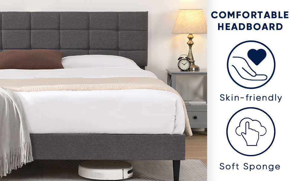 King Size Platform Bed Frame with Fabric Upholstered Headboard and Wooden Slats, No Box Spring Needed/Easy Assembly, Dark Grey - Atlantic Fine Furniture Melbourne FL
