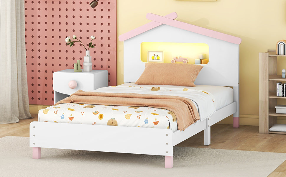 Twin Size Wood Platform Bed with House-shaped Headboard and Motion Activated Night Lights (White+Pink) - Atlantic Fine Furniture Melbourne FL
