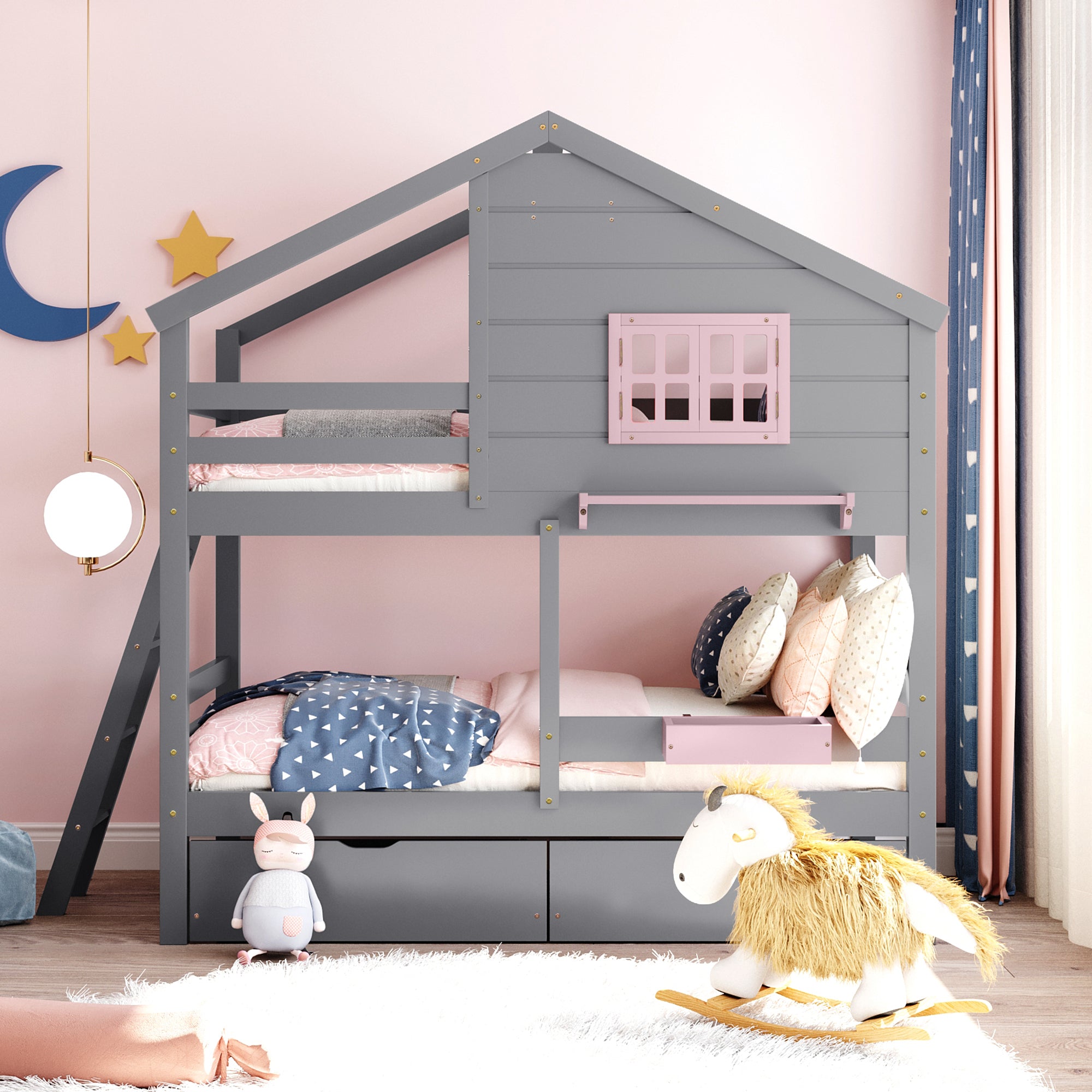 Twin over Twin Bunk Bed with 2 Drawers, 1 Storage Box, 1 Shelf, Window and Roof-Gray(OLD SKU:LT000608AAE) - Atlantic Fine Furniture Melbourne FL