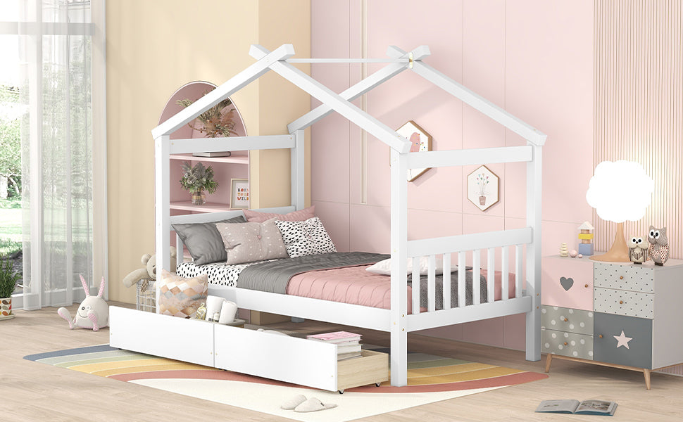 Twin Size Wooden House Bed with Drawers, White - Atlantic Fine Furniture Melbourne FL