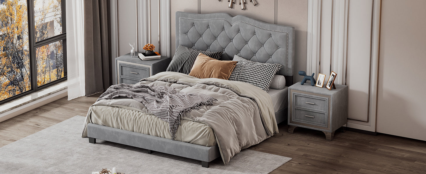 Queen Size Upholstered Bed Frame with Rivet Design, Modern Velvet Platform Bed with Tufted Headboard,Gray - Atlantic Fine Furniture Melbourne FL