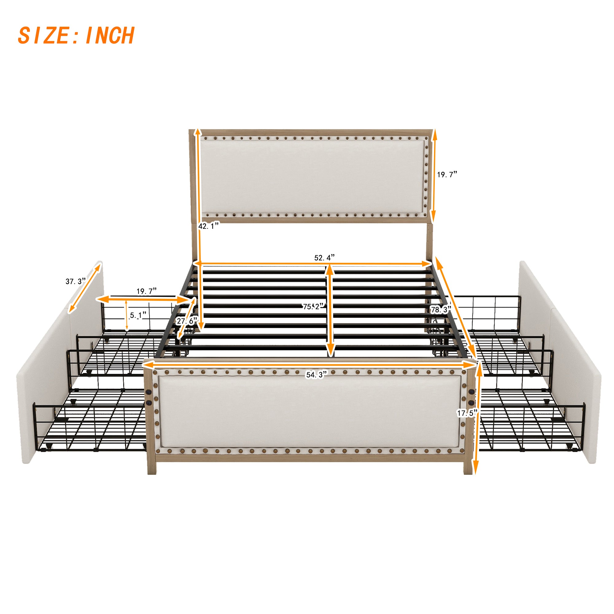Full Size Upholstered Platform Bed with Nailhead Decoration and 4 Drawers, Brown - Atlantic Fine Furniture Melbourne FL