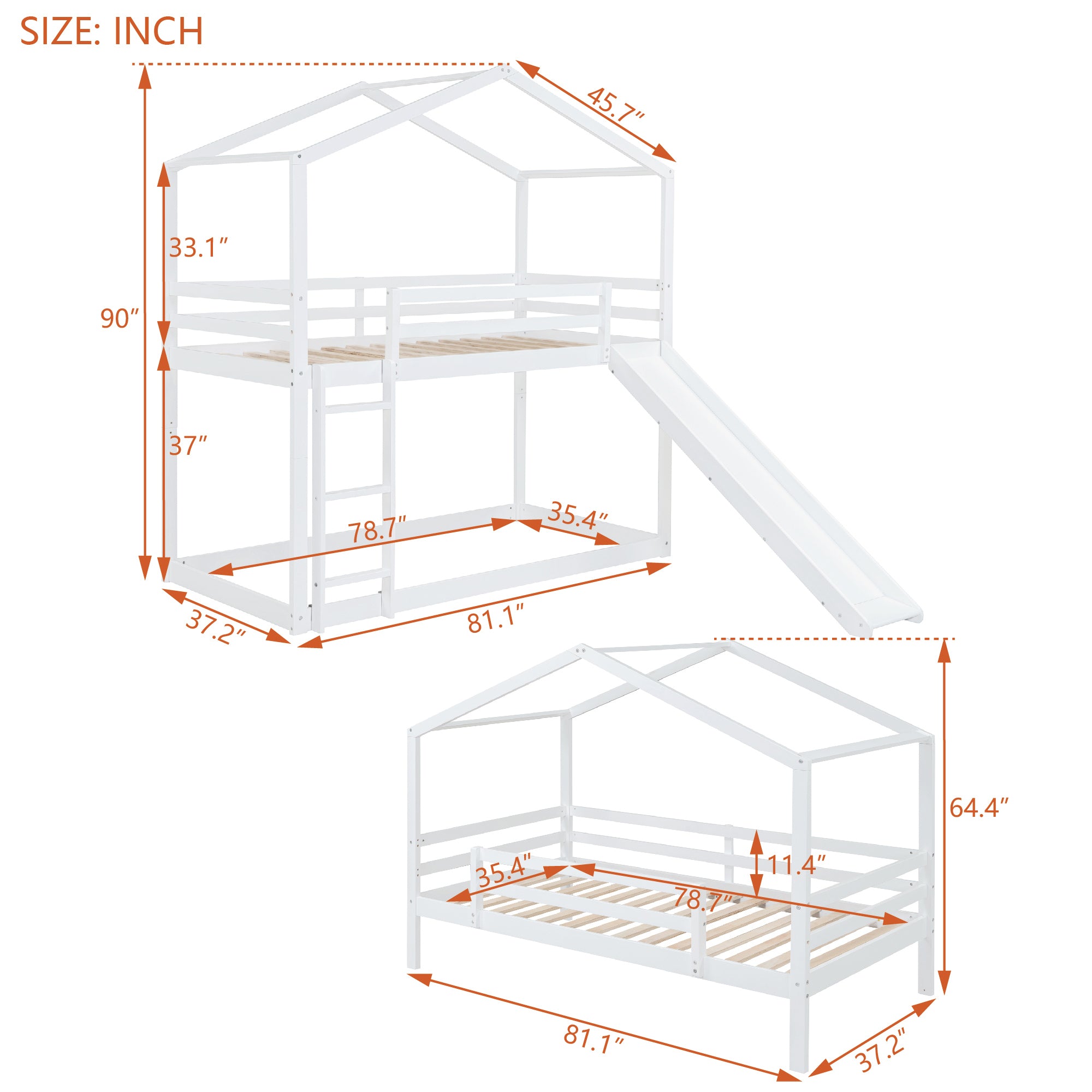 Twin Over Twin Bunk Bed with Roof, Slide and Ladder, White - Atlantic Fine Furniture Melbourne FL