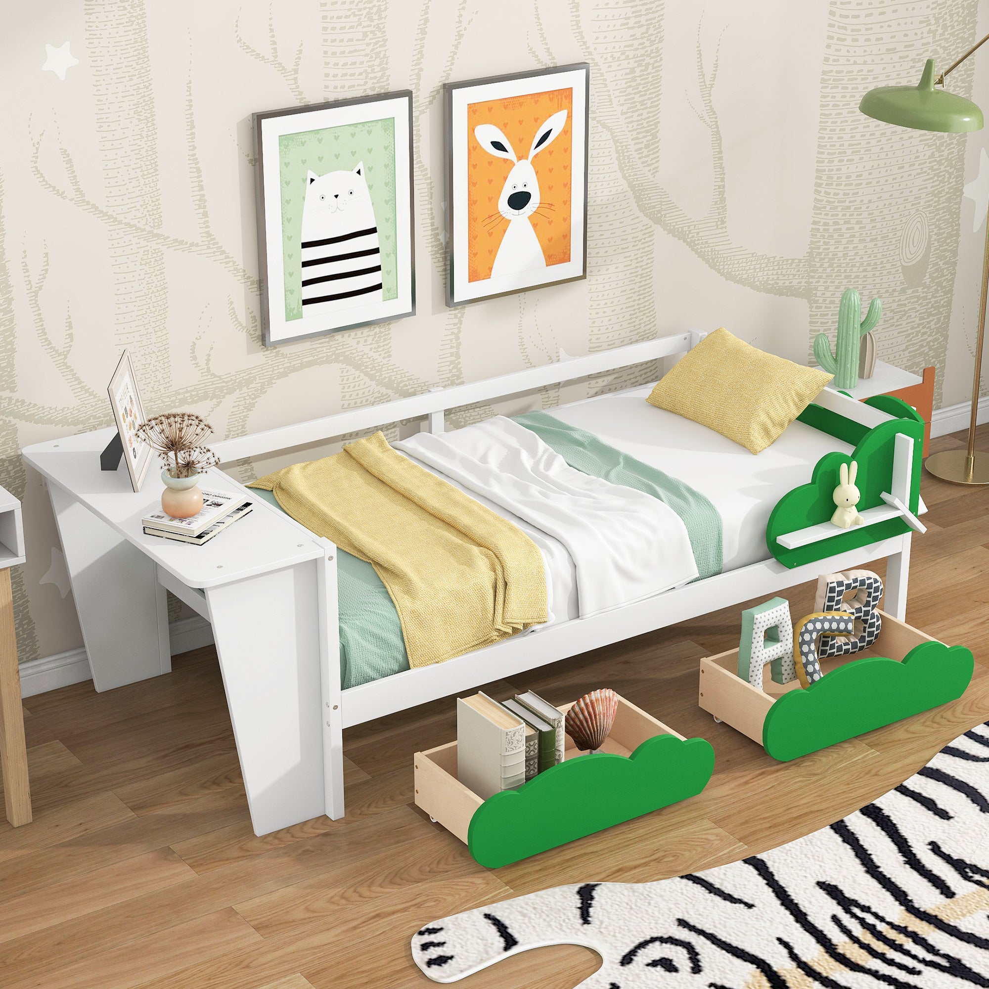 Twin Size Daybed with Desk, Green Leaf Shape Drawers and Shelves, White - Atlantic Fine Furniture Melbourne FL