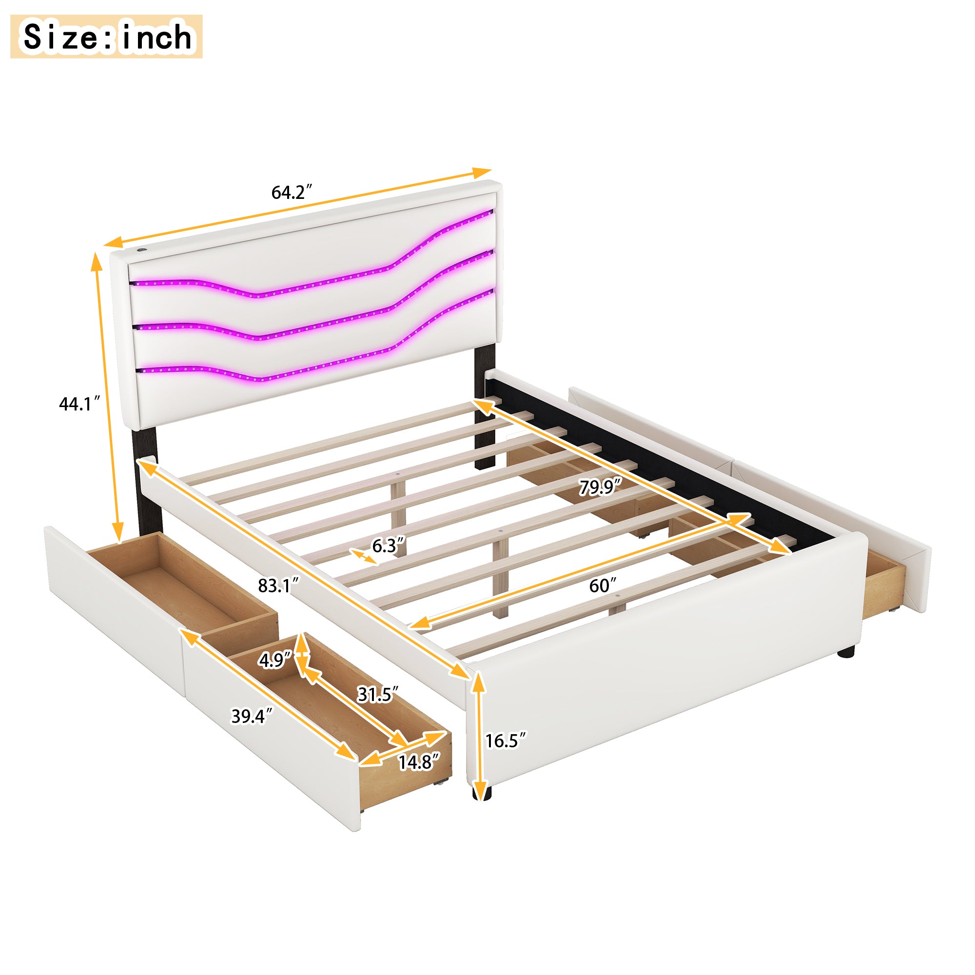 Queen Size Upholstered Storage Platform Bed with LED, 4 Drawers and USB Charging, White - Atlantic Fine Furniture Melbourne FL