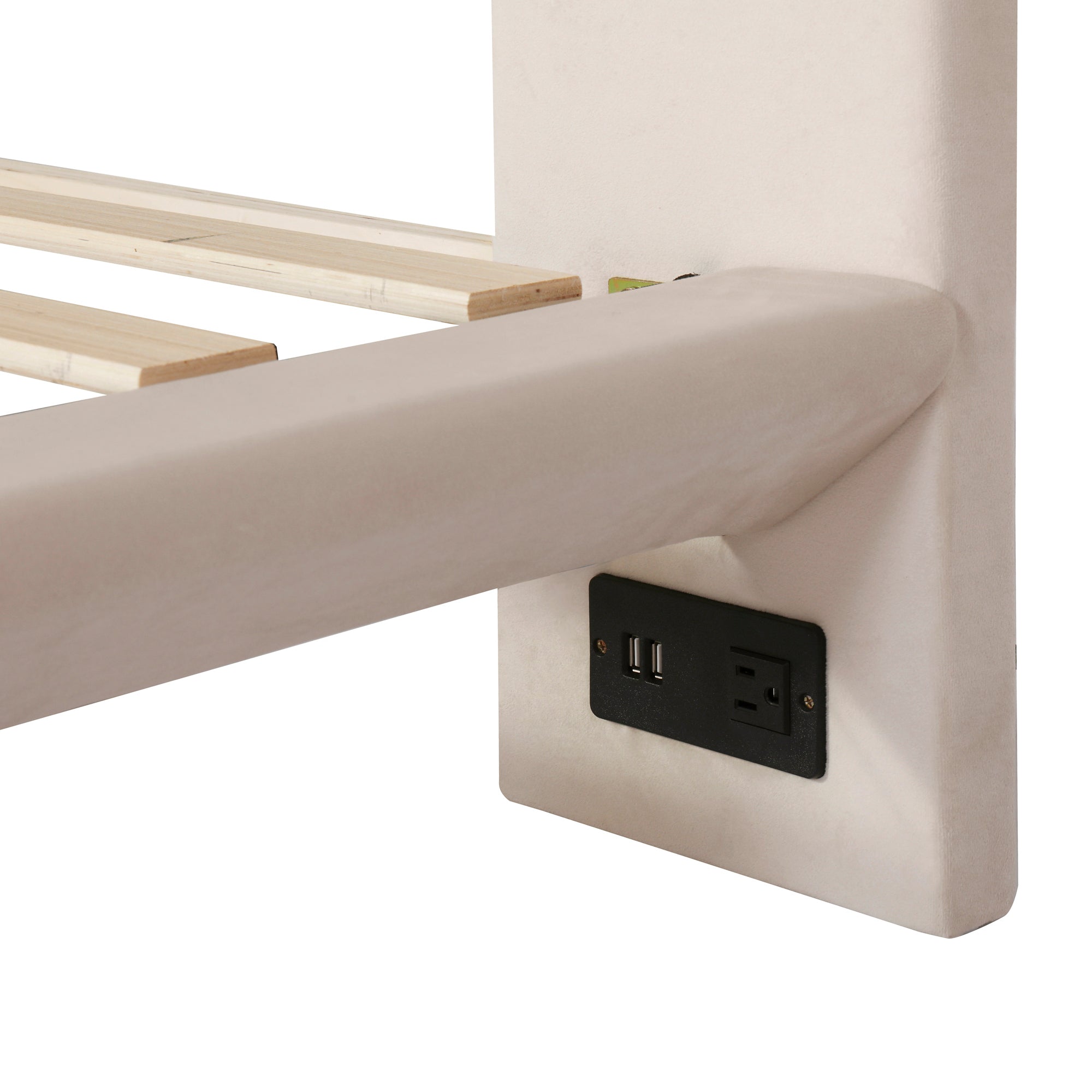 Queen Size Upholstered Platform Bed with Sensor Light and 2 Large Backrests, Stylish Platform Bed with 2 sets of USB Port and Socket on each rear Bed Leg, Beige - Atlantic Fine Furniture Melbourne FL