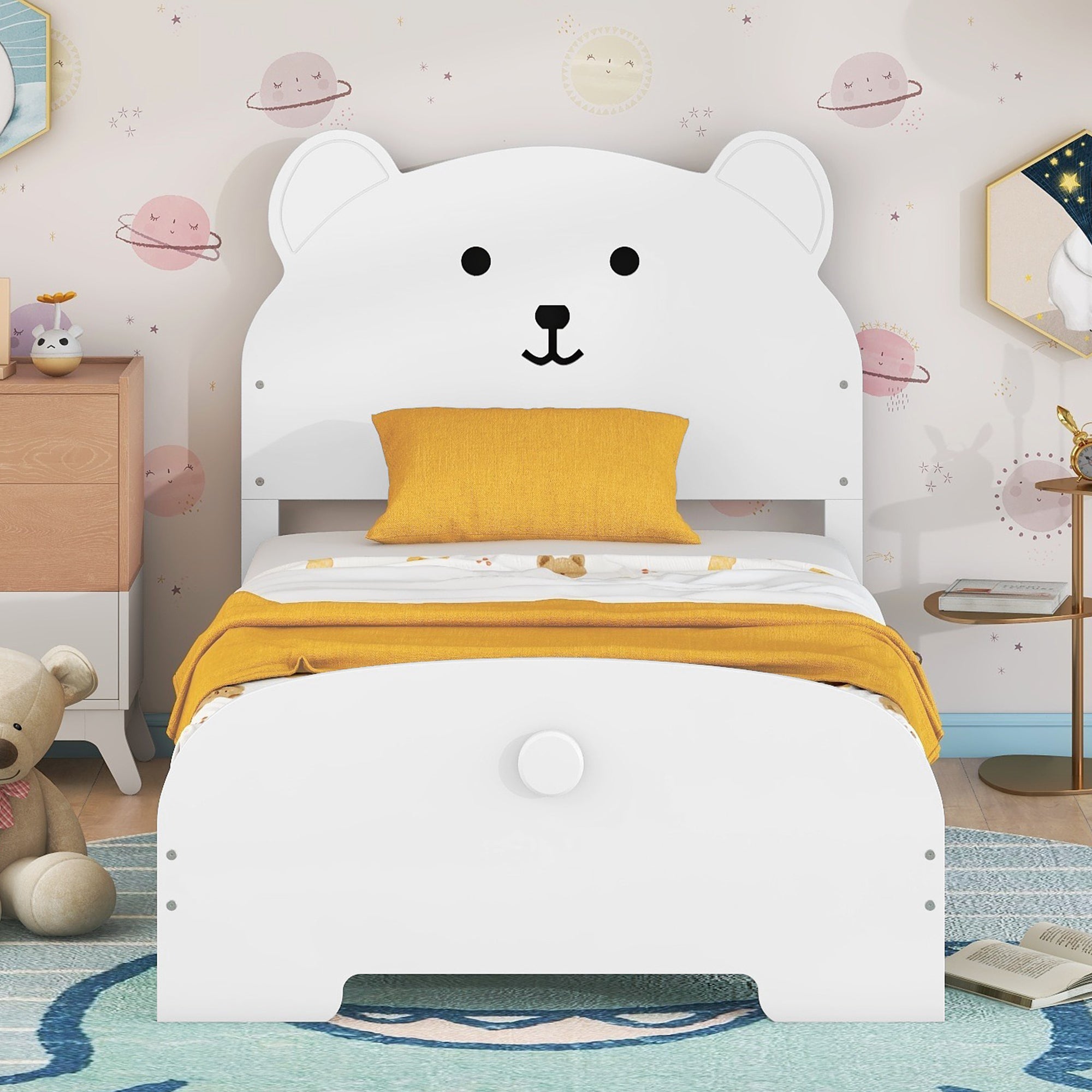 Twin Size Wood Platform Bed with Bear-shaped Headboard and Footboard,White - Atlantic Fine Furniture Melbourne FL