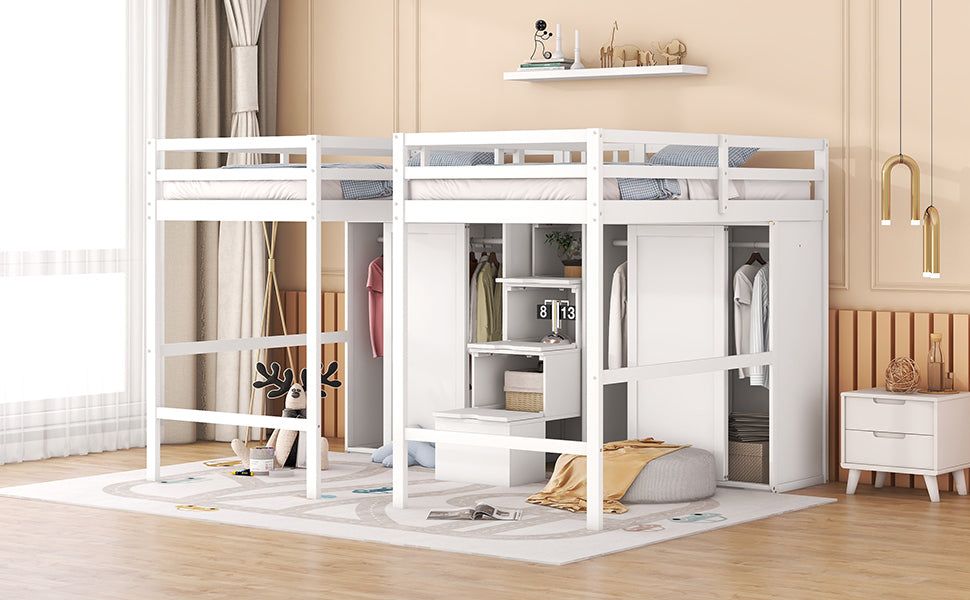 Double Twin Loft Beds with Wardrobes and Staircase, White - Atlantic Fine Furniture Melbourne FL