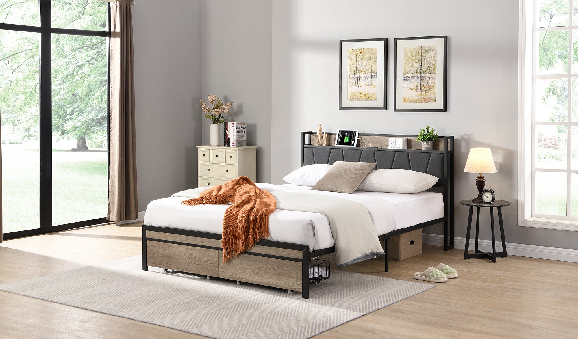 Queen Size Metal Platform Bed Frame with upholstery storage function Headboard and USB LINER and Footboard with drawers , No Box Spring Needed, Large Under Bed Storage, Easy Assemble