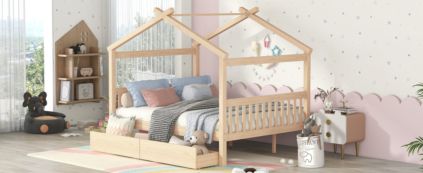 Full Size Wooden House Bed with Drawers, Natural - Atlantic Fine Furniture Melbourne FL